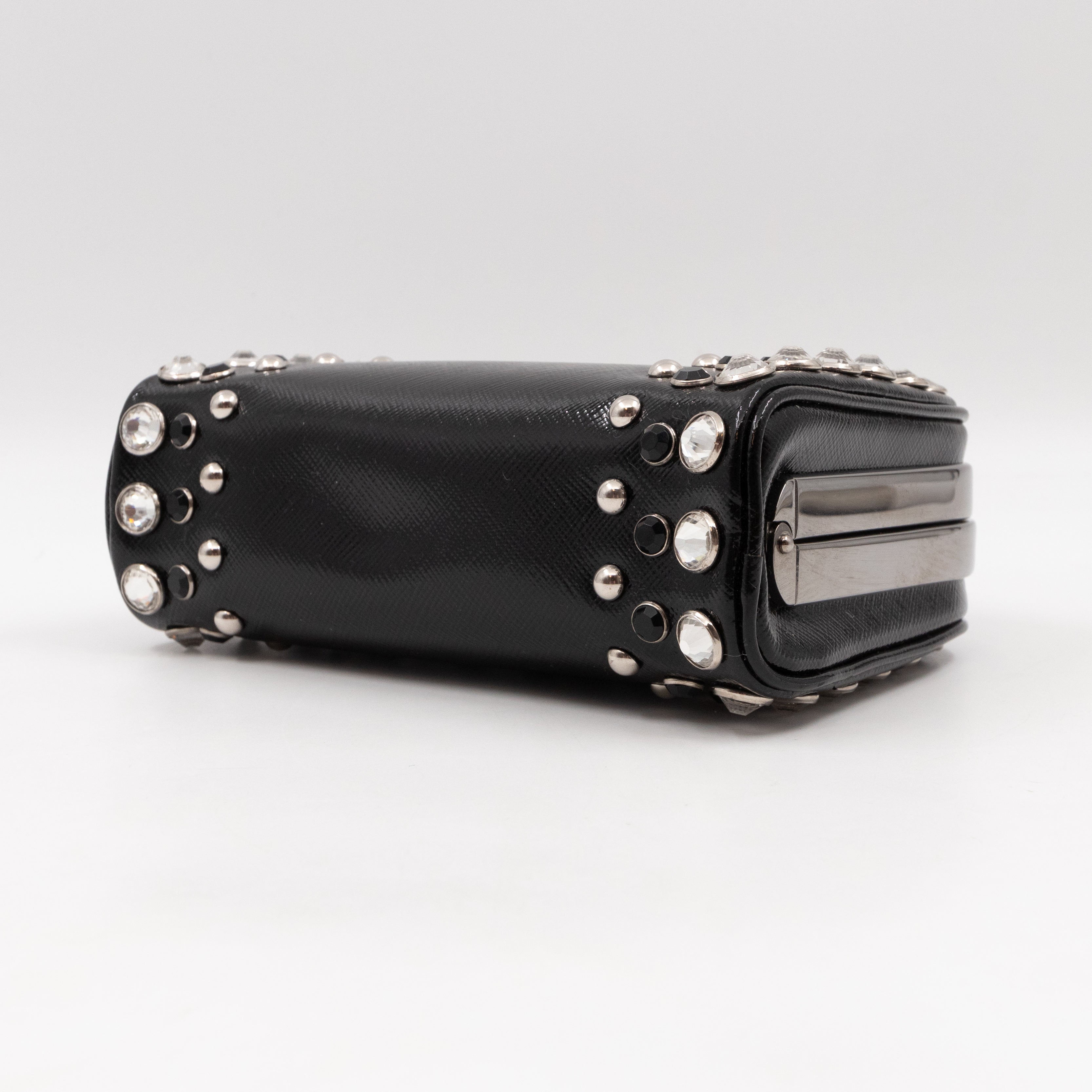 Crystal Studded Pyramid Frame Clutch Black Saffiano Vernice