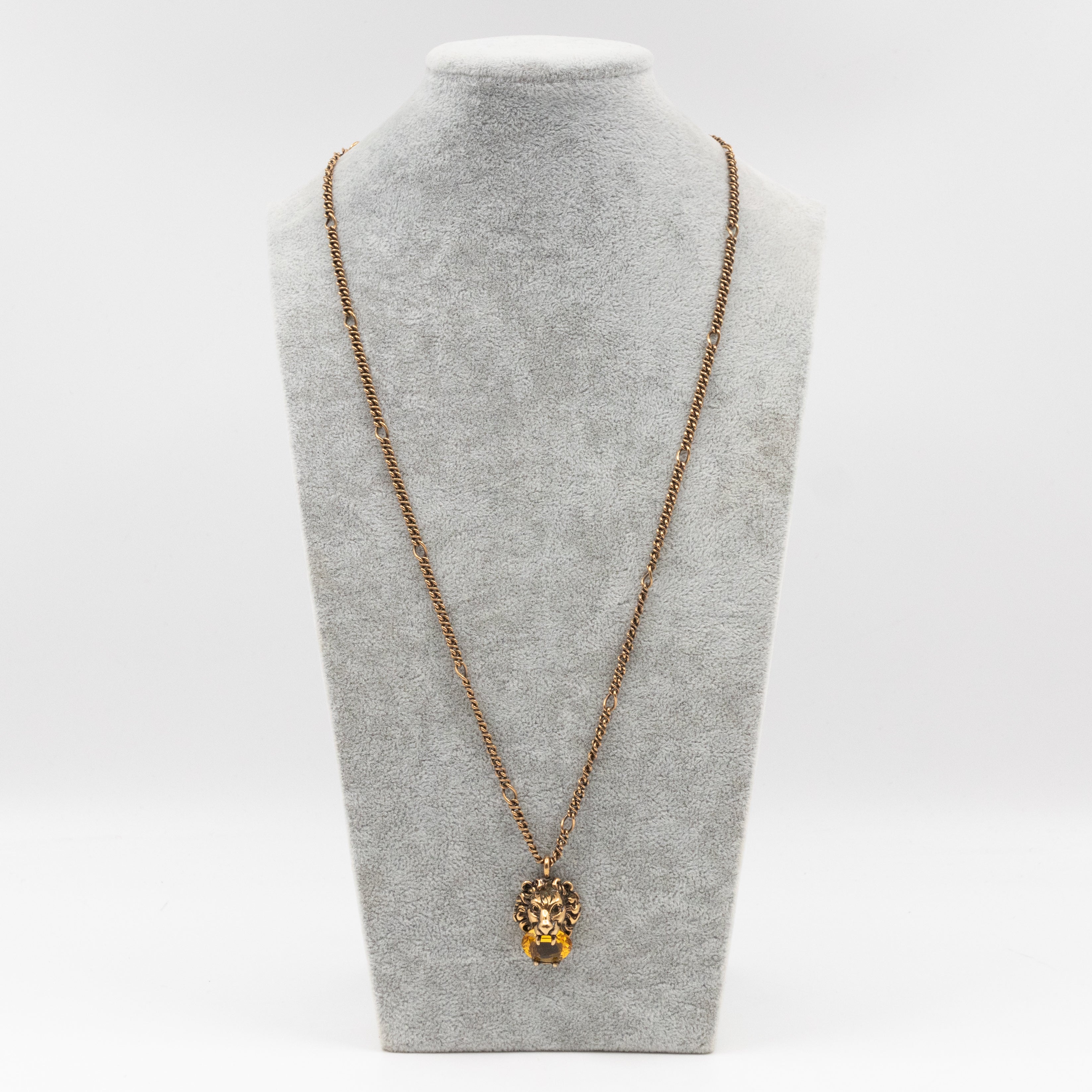 Lion Head Crystal Necklace Aged Gold