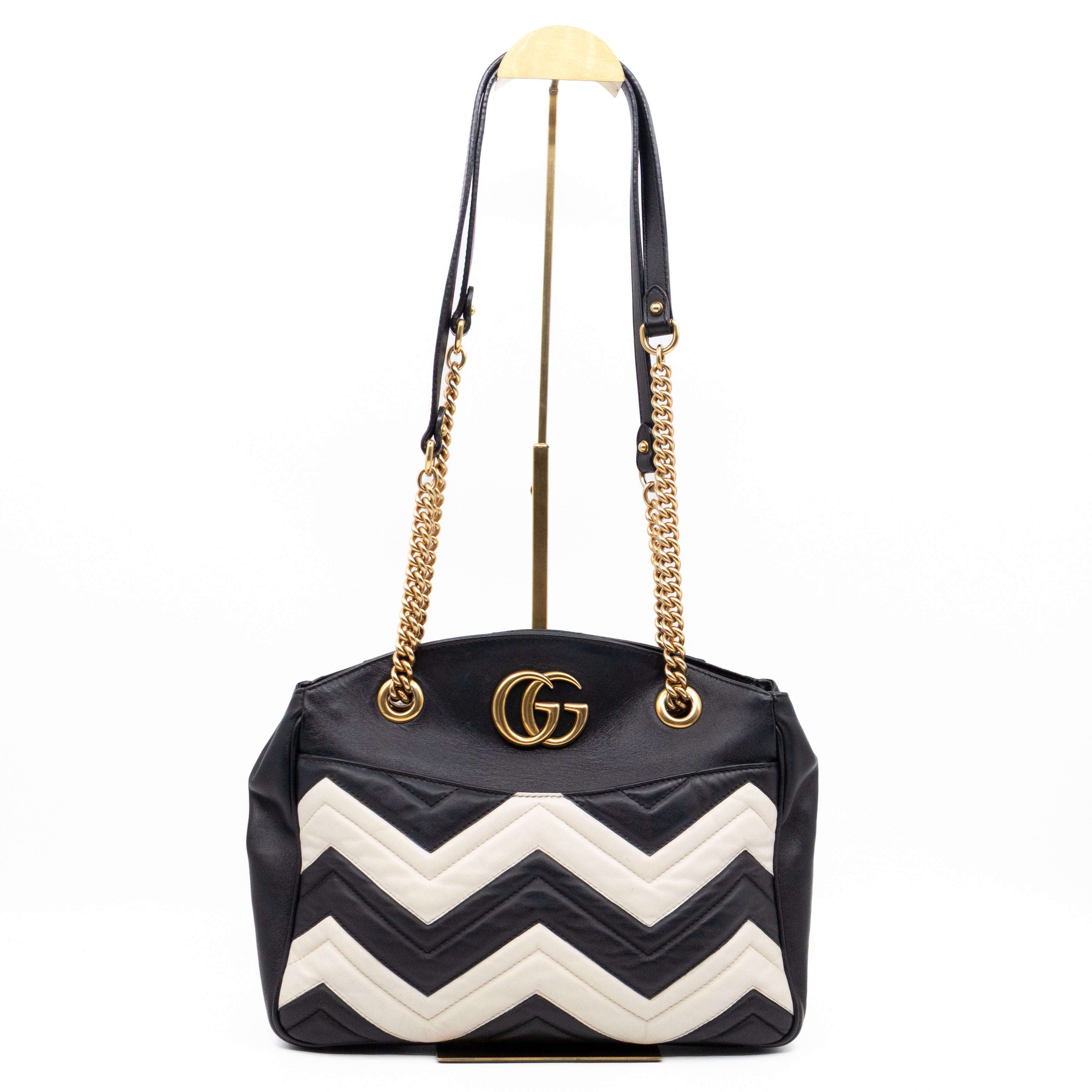 GG Medium Marmont Matelasse Tote Bag Black & White Leather