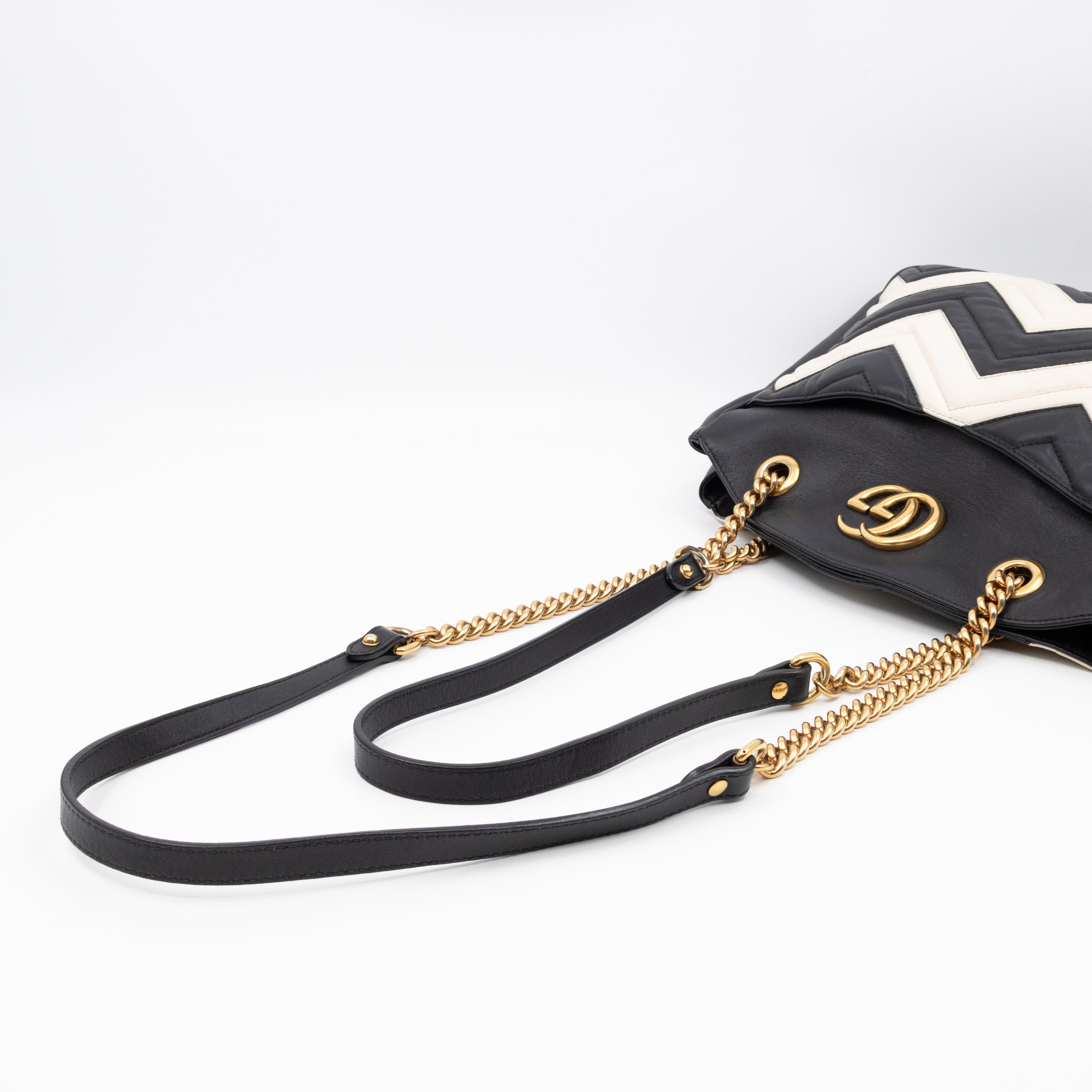 GG Medium Marmont Matelasse Tote Bag Black & White Leather