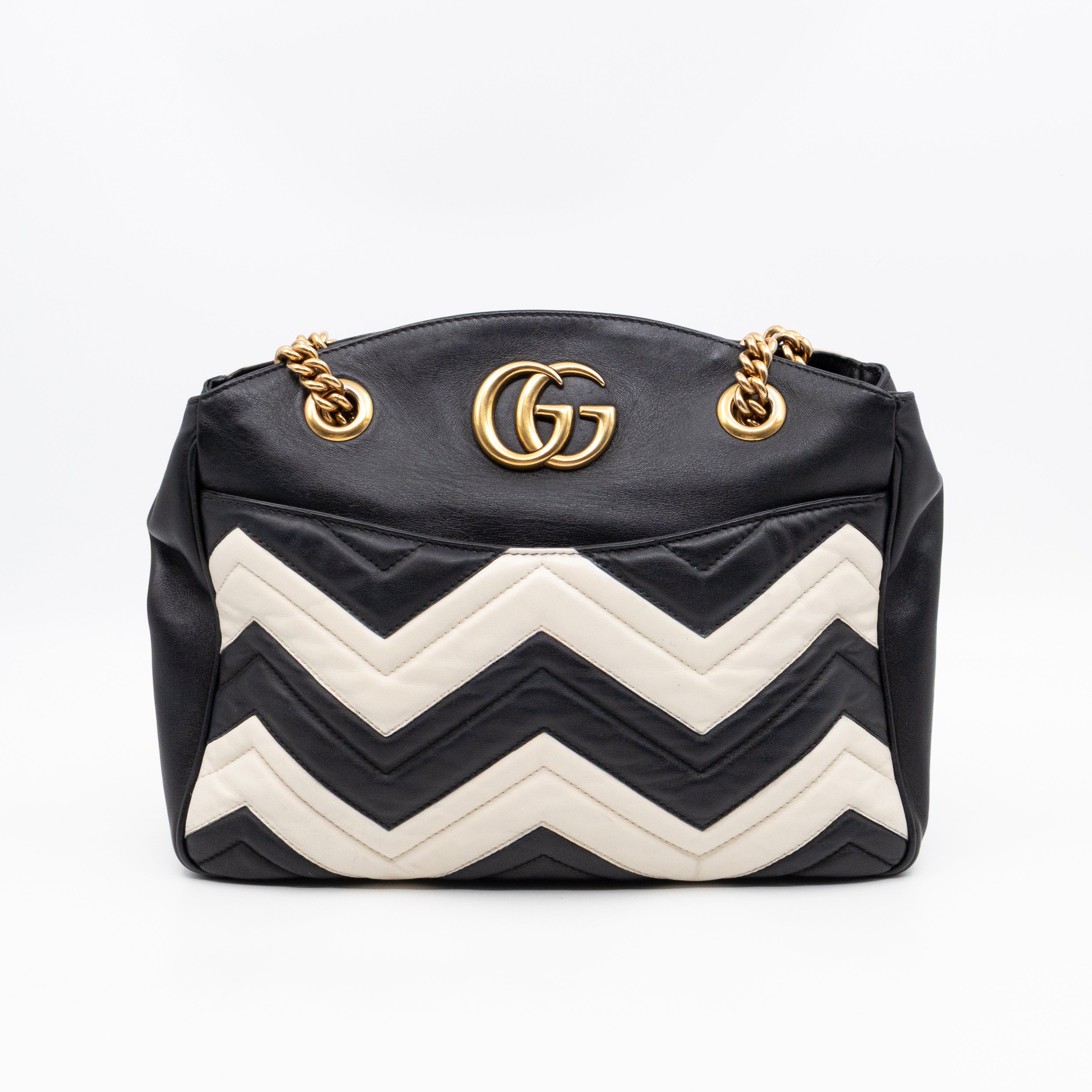 GG Medium Marmont Matelasse Tote Bag Black & White Leather