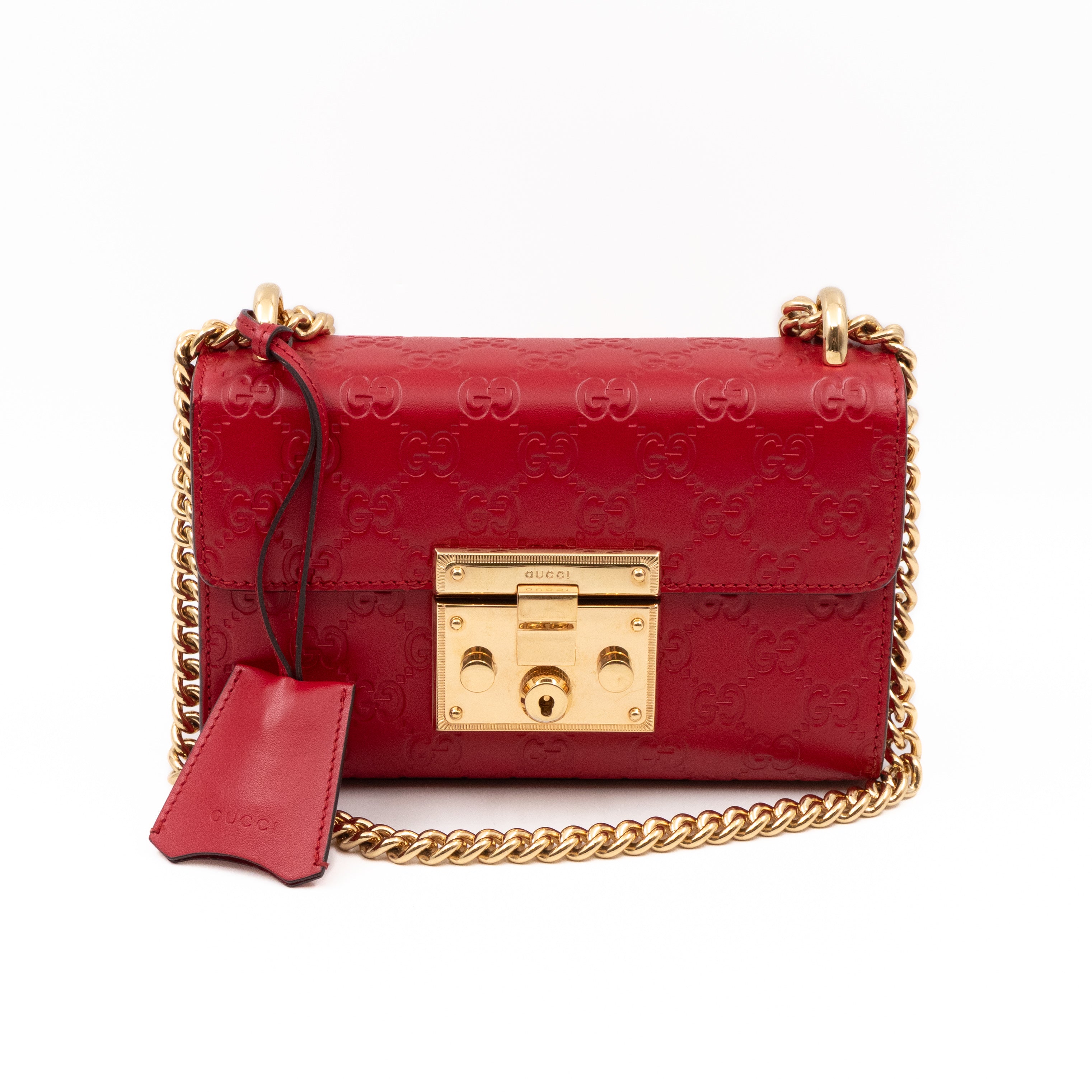 Padlock Flap Bag Small Hibiscus Red GG Guccissima