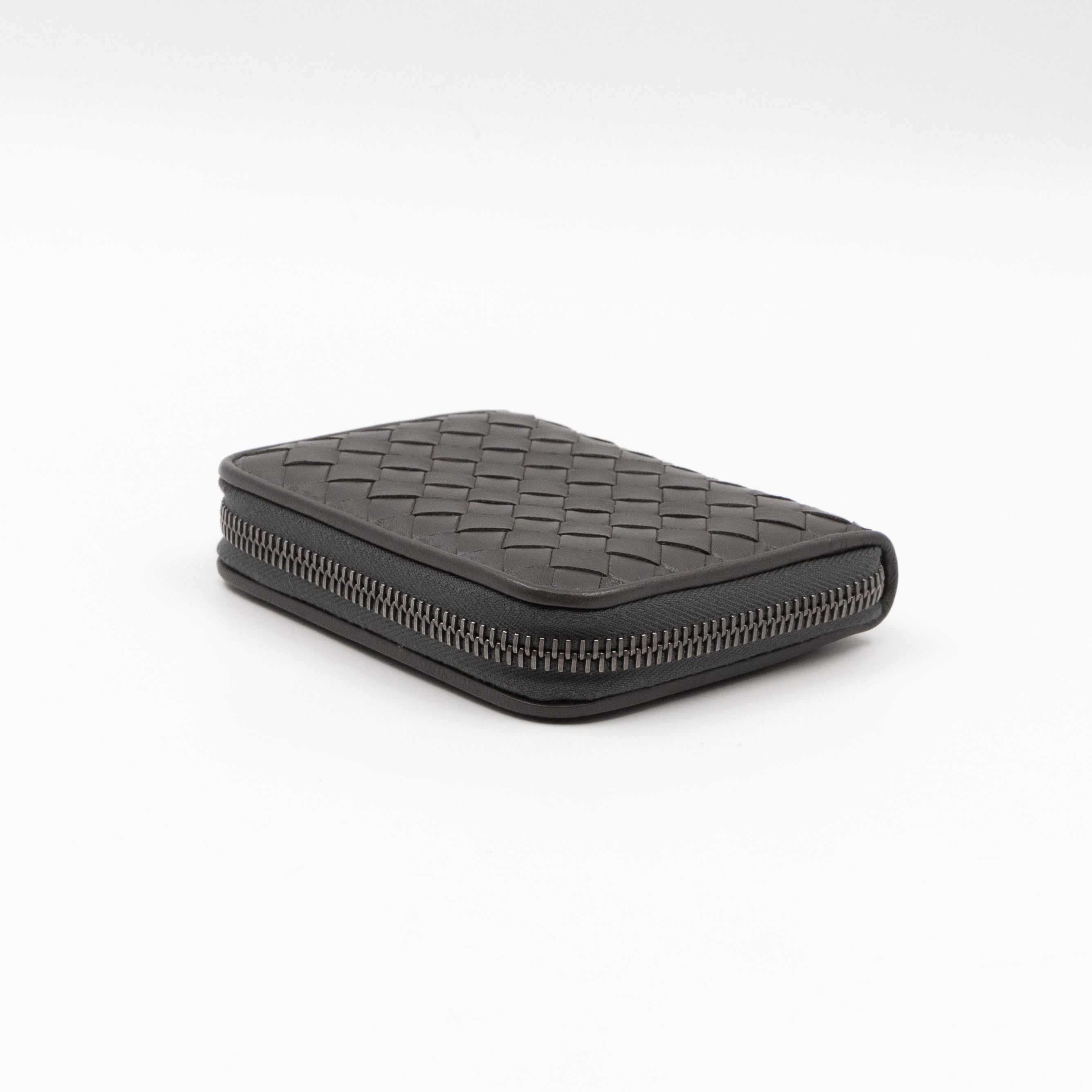 Zip Around Small Wallet Grey Intrecciato Leather