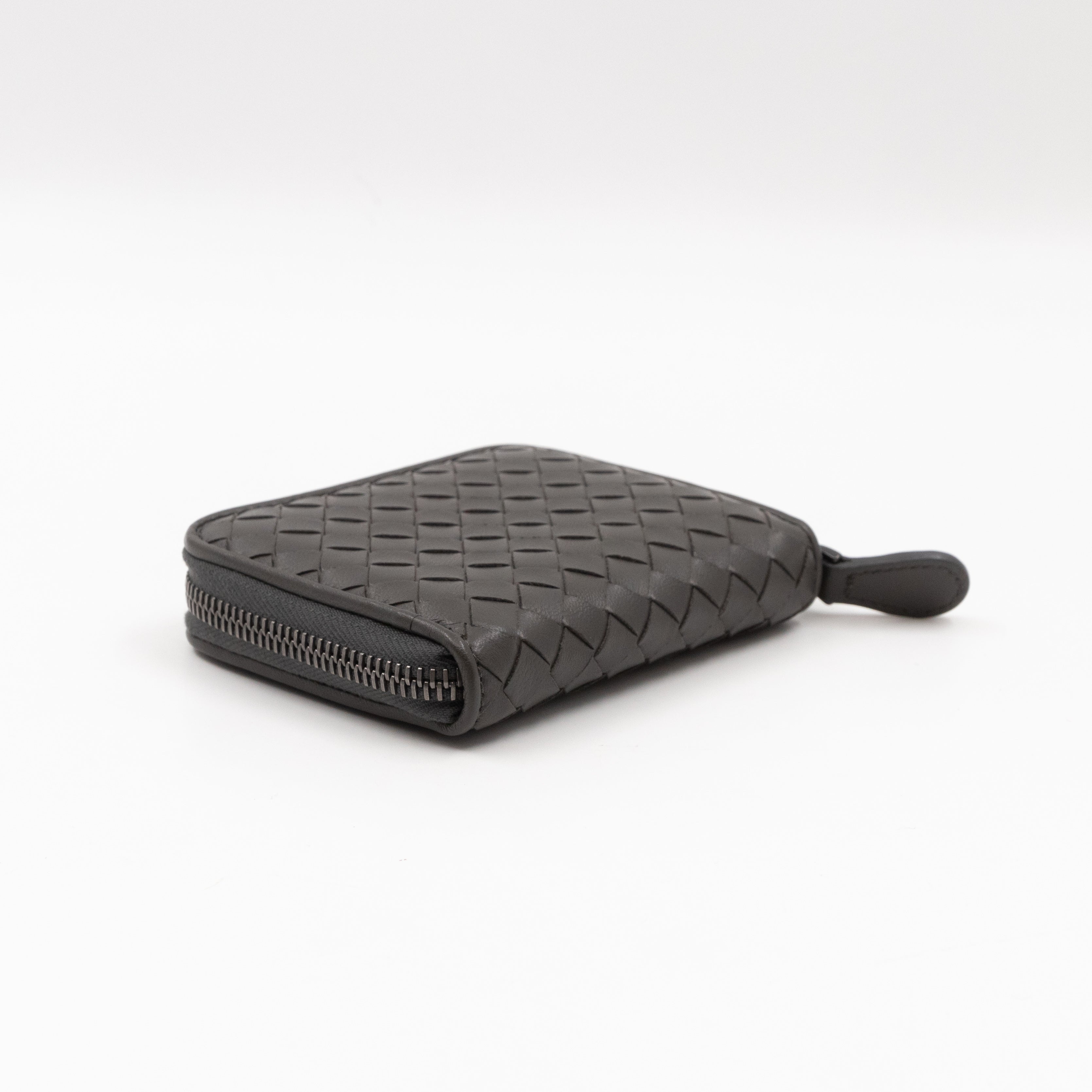 Zip Around Small Wallet Grey Intrecciato Leather