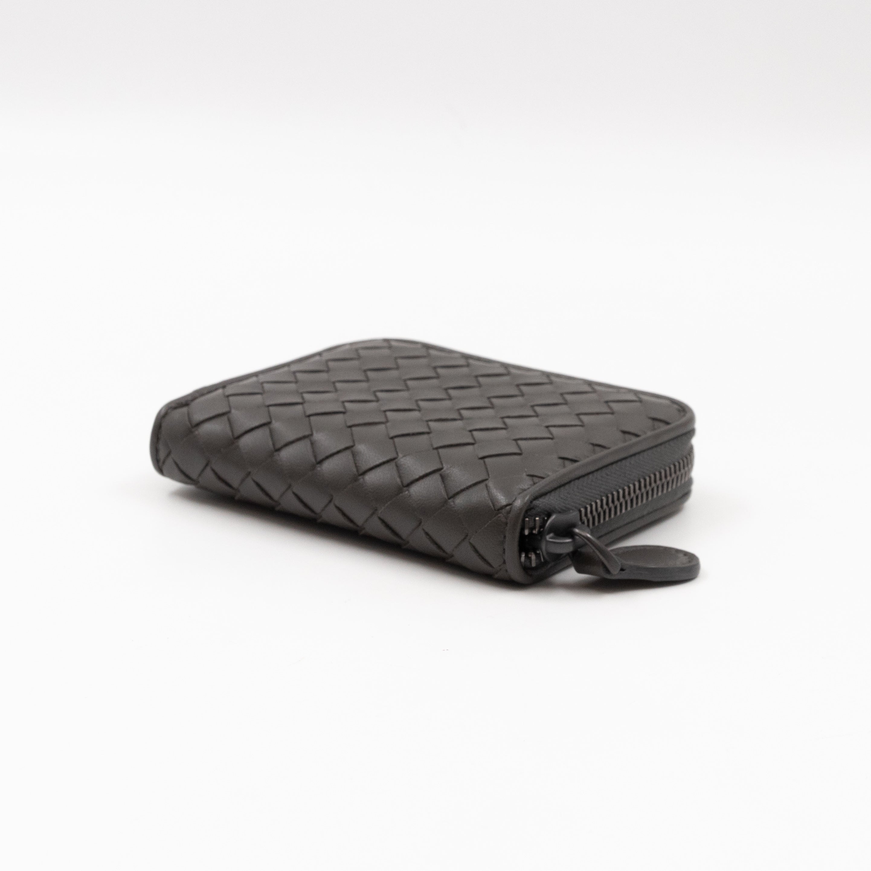 Zip Around Small Wallet Grey Intrecciato Leather