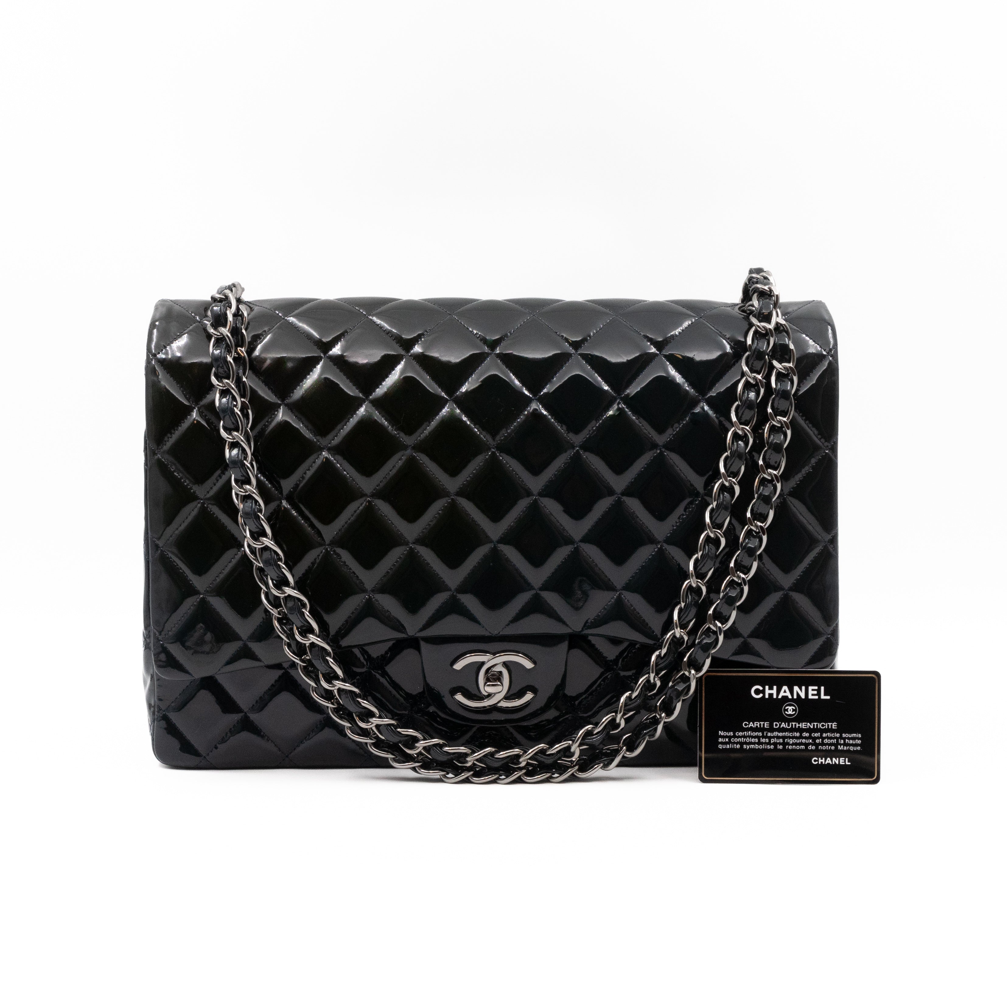 Classic Double Flap Maxi Navy Blue Patent Leather Silver