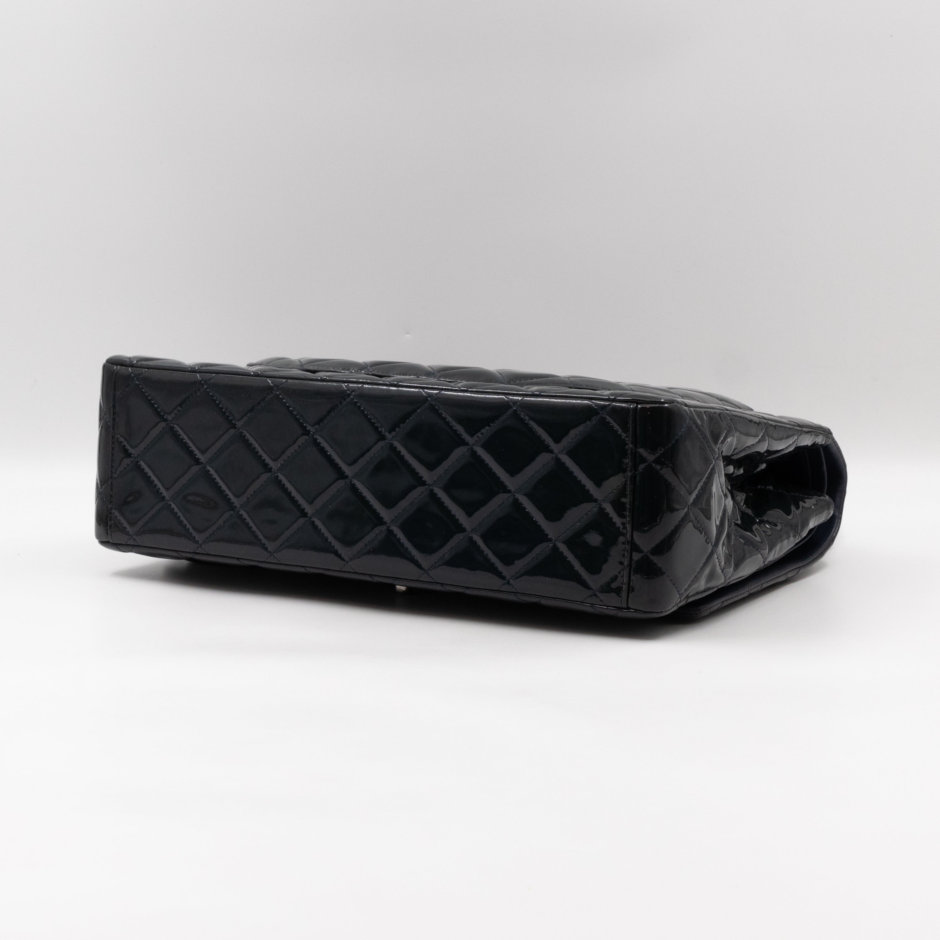 Classic Double Flap Maxi Navy Blue Patent Leather Silver