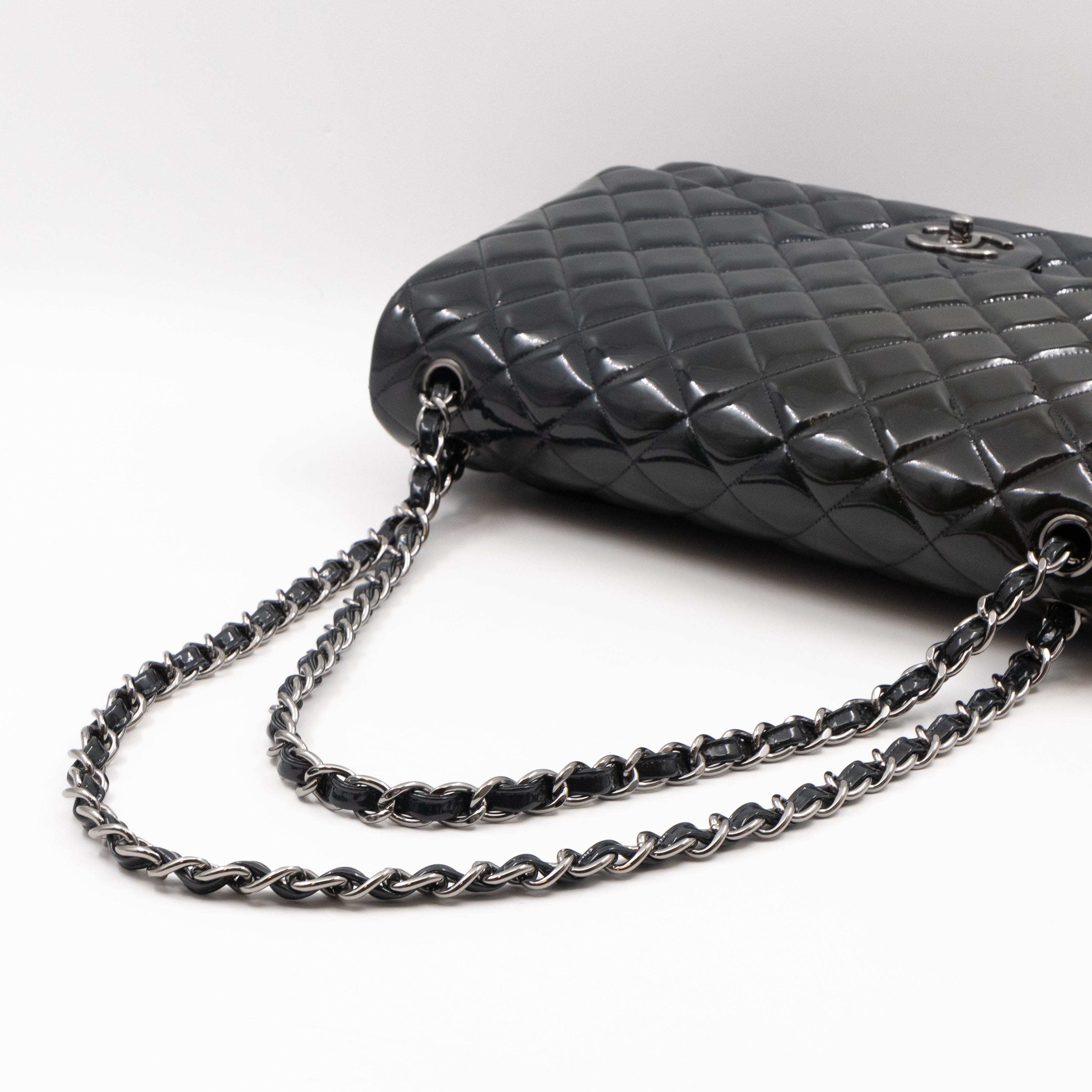 Classic Double Flap Maxi Navy Blue Patent Leather Silver