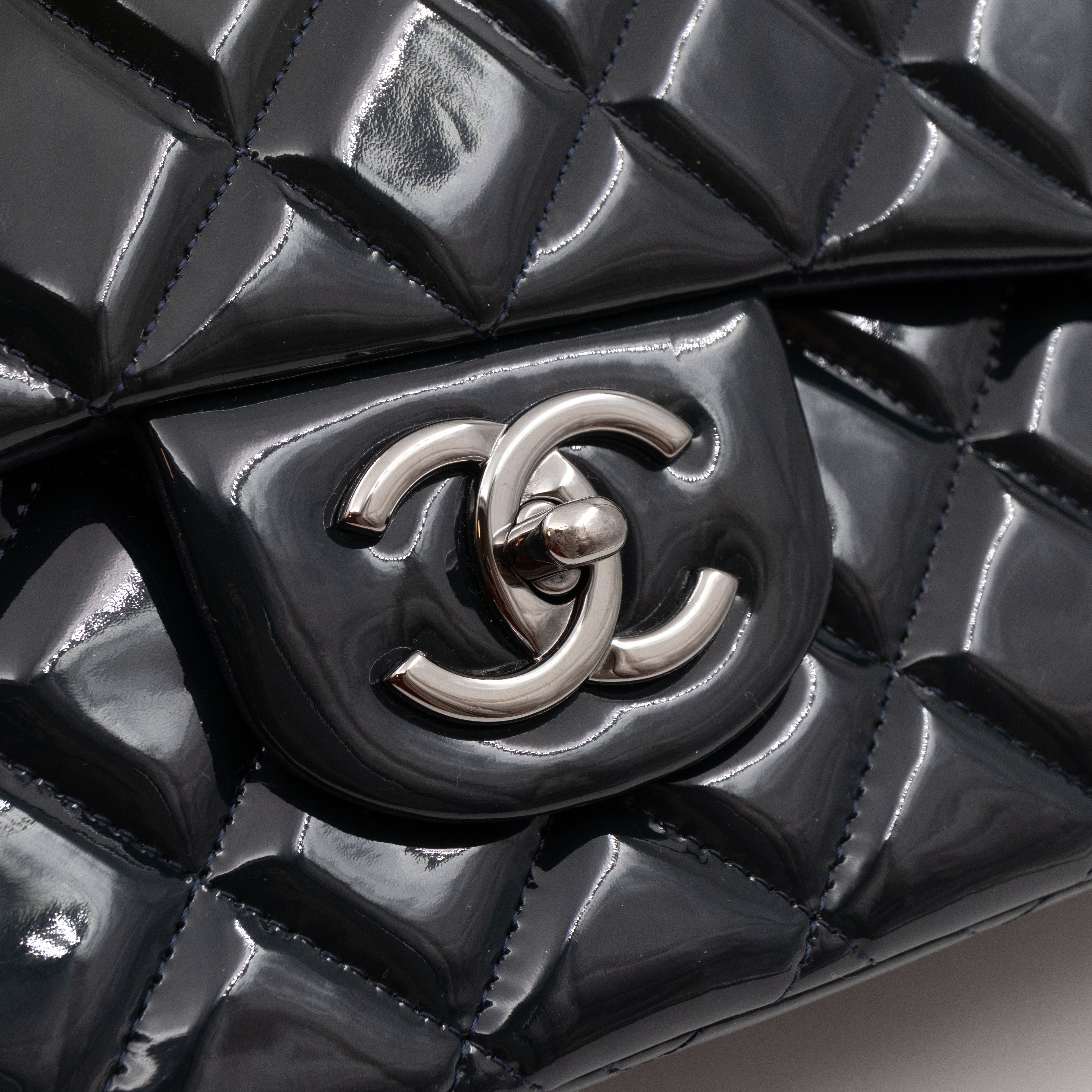 Classic Double Flap Maxi Navy Blue Patent Leather Silver