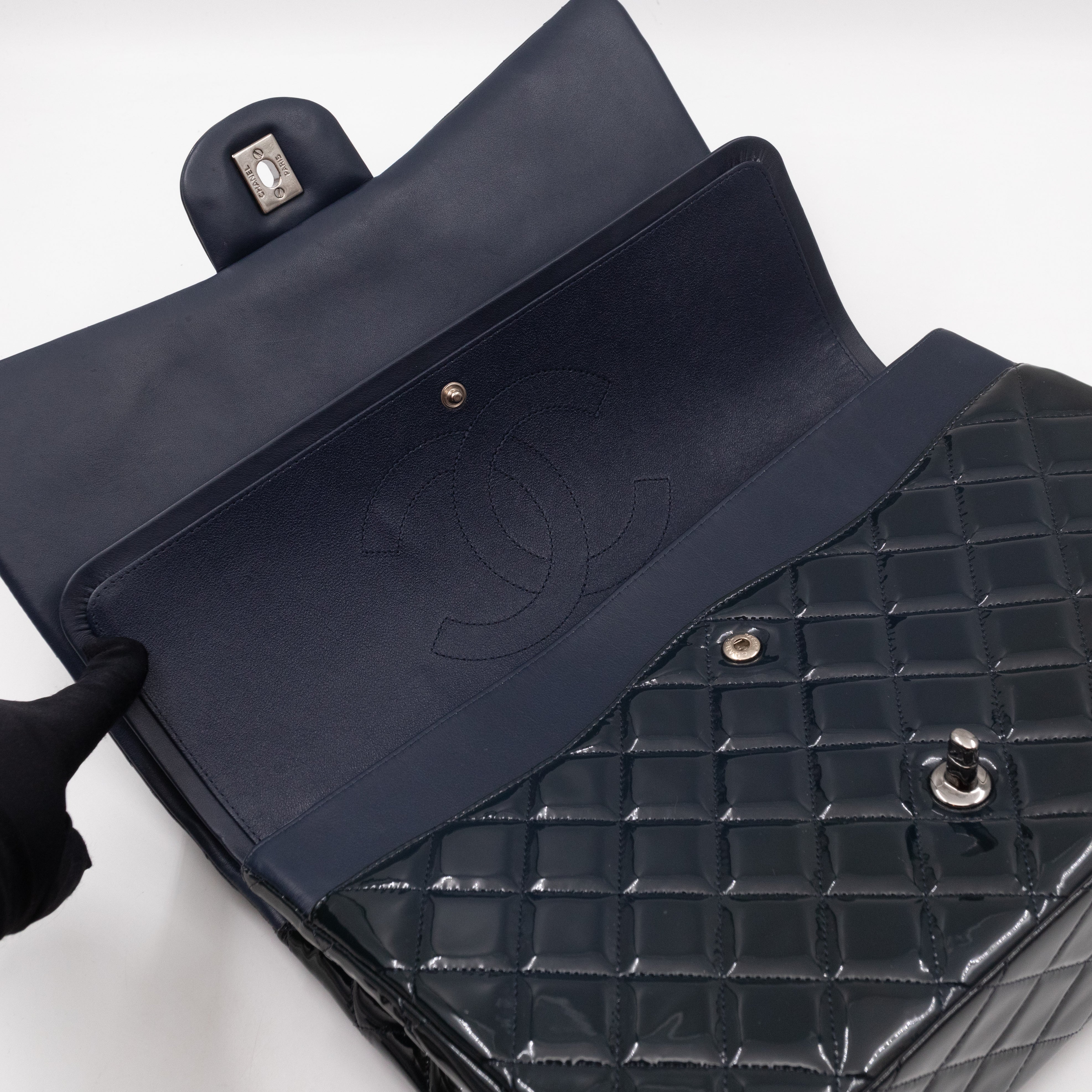 Classic Double Flap Maxi Navy Blue Patent Leather Silver