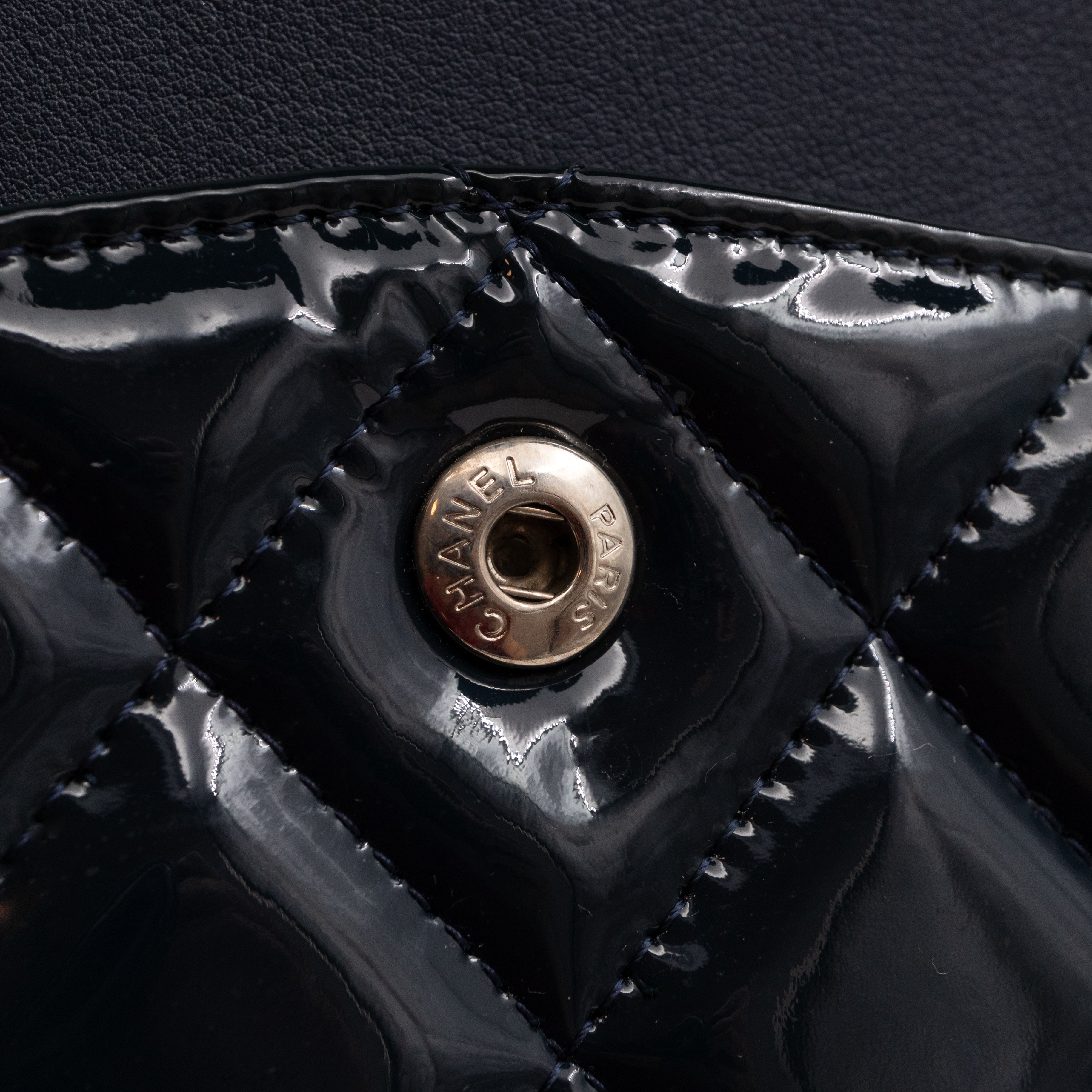 Classic Double Flap Maxi Navy Blue Patent Leather Silver