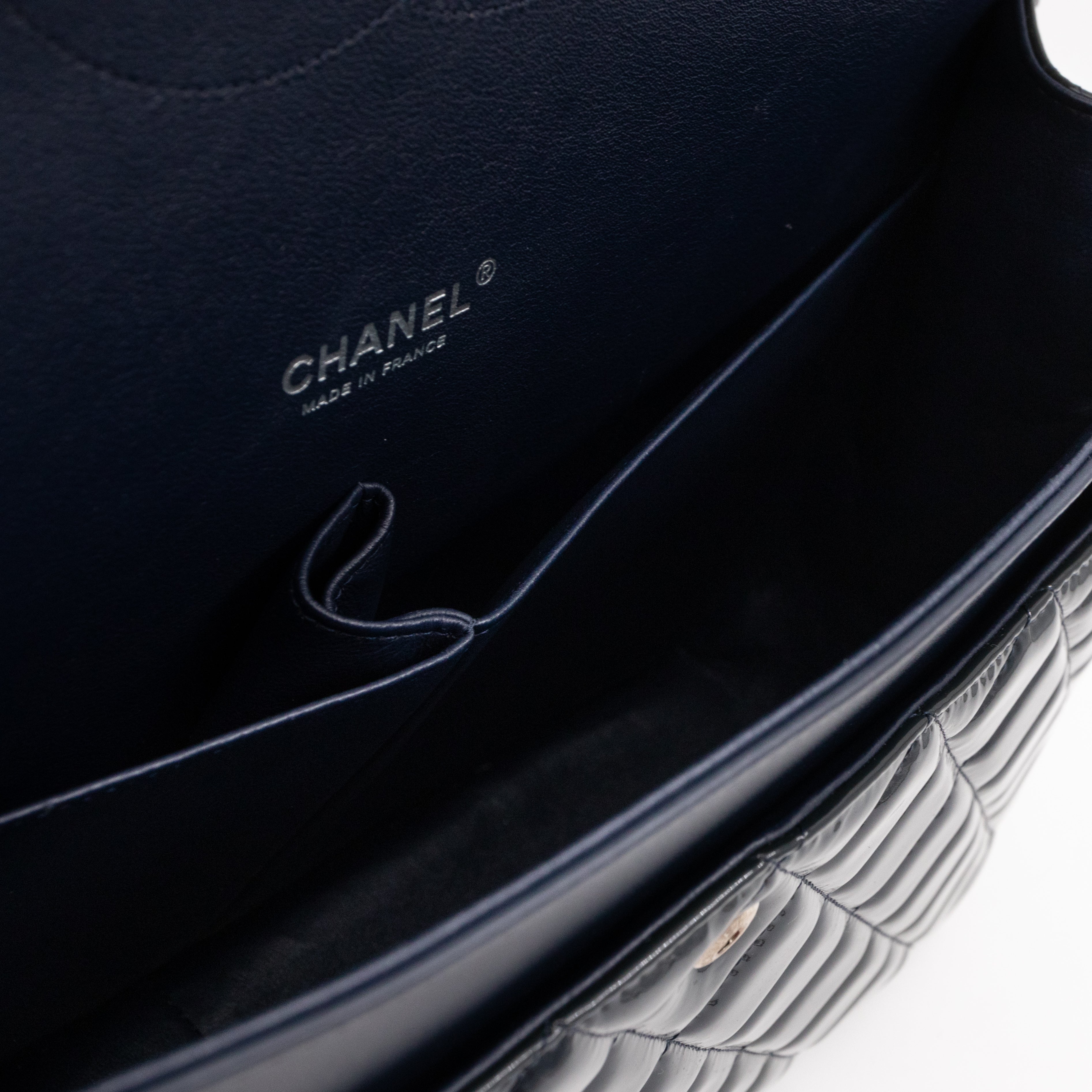 Classic Double Flap Maxi Navy Blue Patent Leather Silver