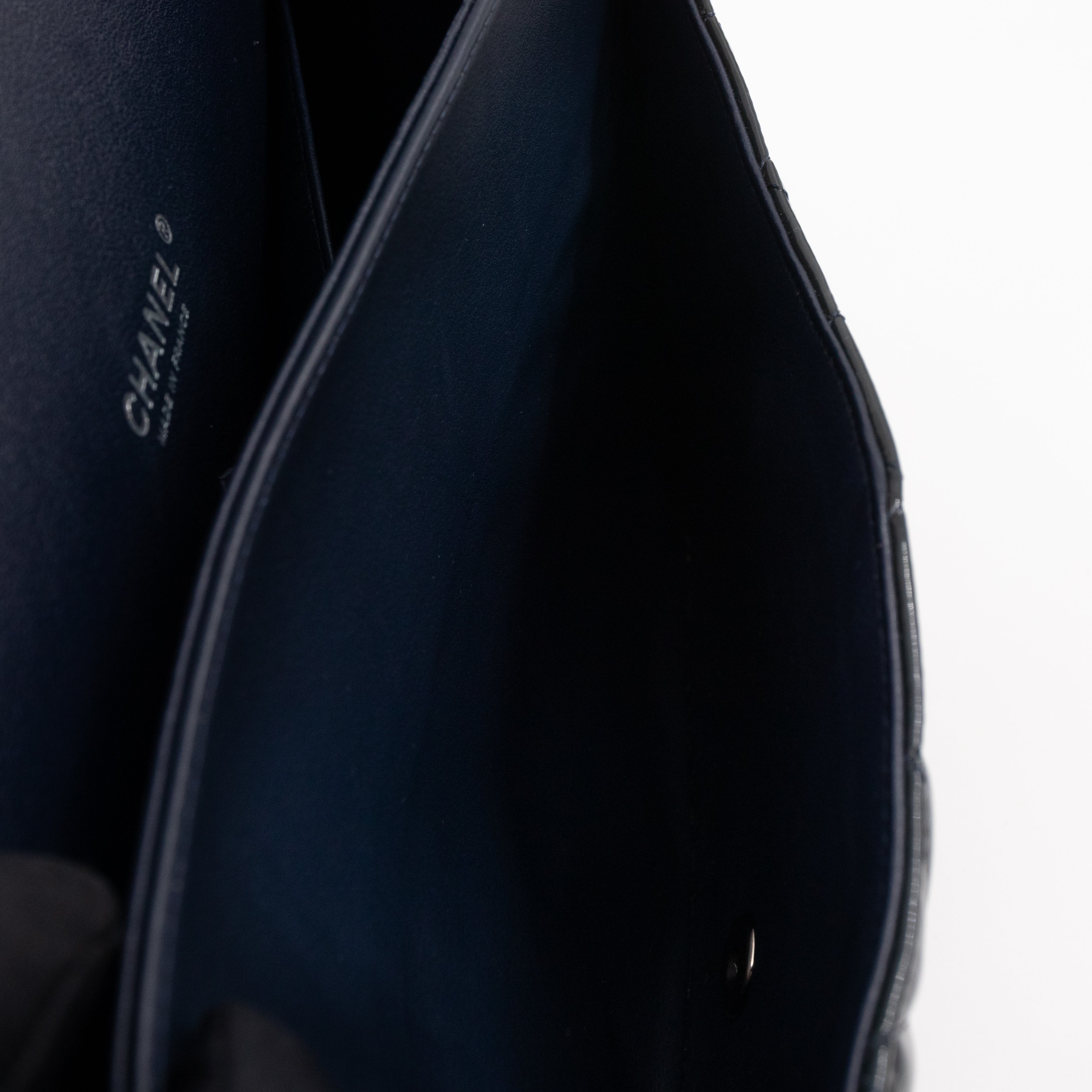 Classic Double Flap Maxi Navy Blue Patent Leather Silver