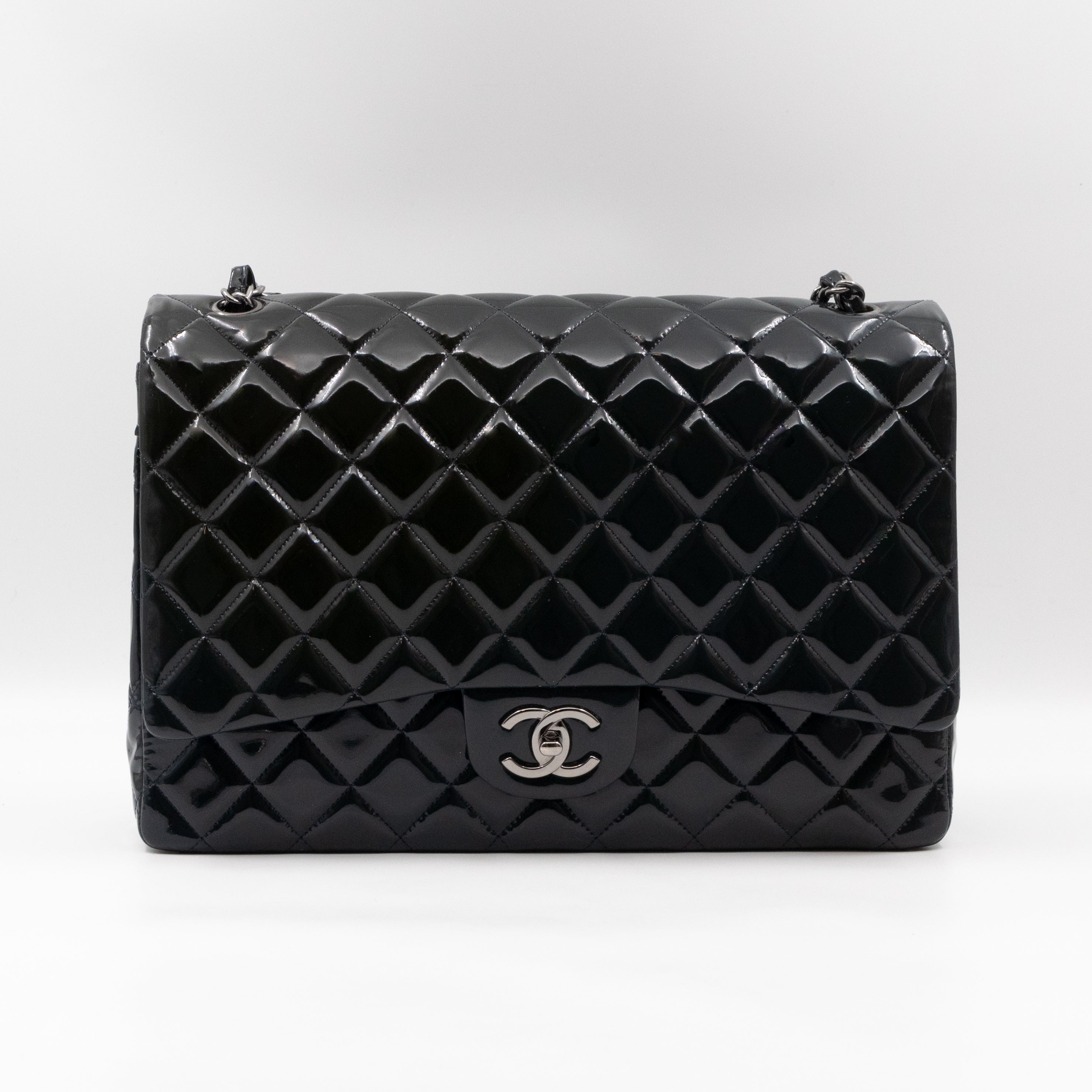 Classic Double Flap Maxi Navy Blue Patent Leather Silver