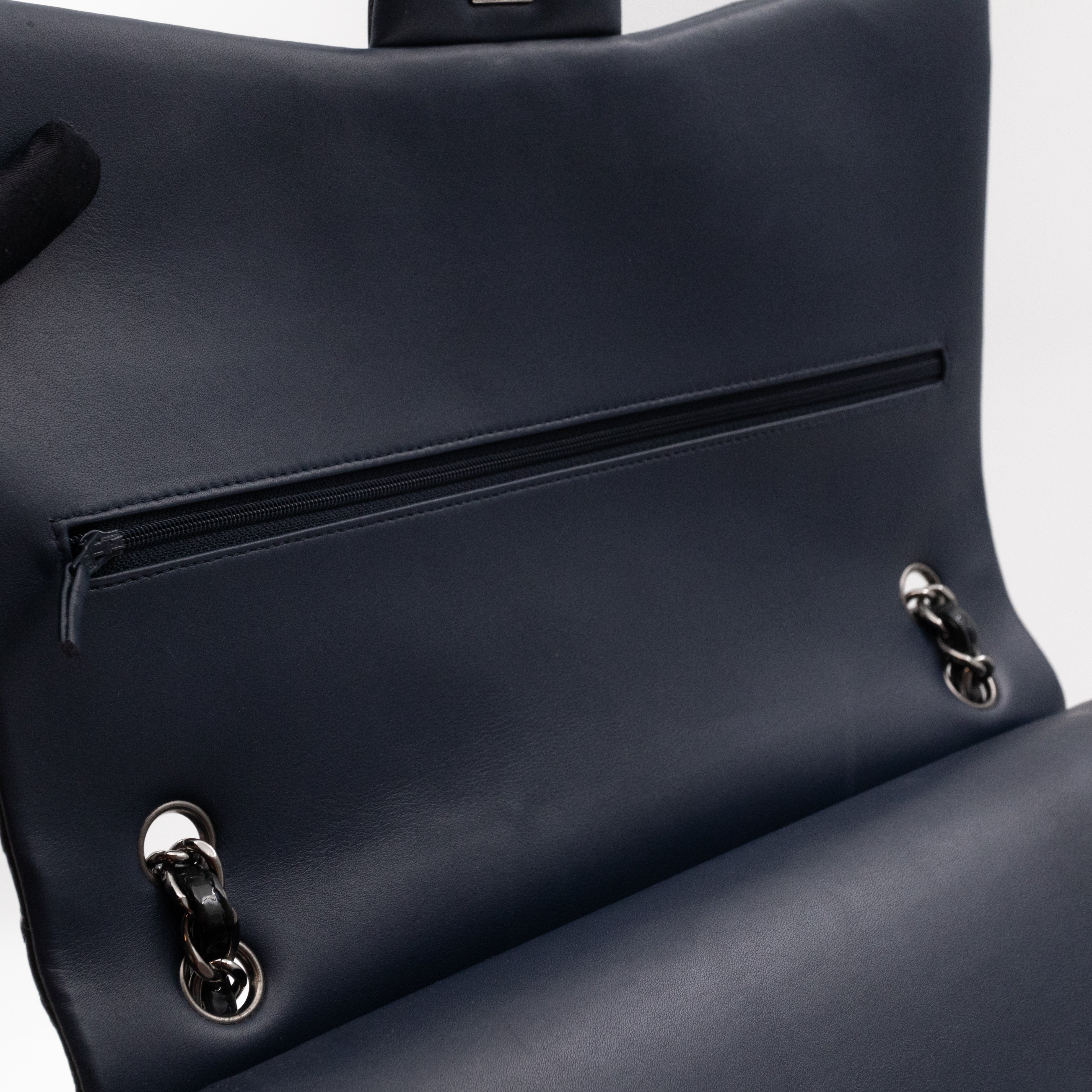 Classic Double Flap Maxi Navy Blue Patent Leather Silver