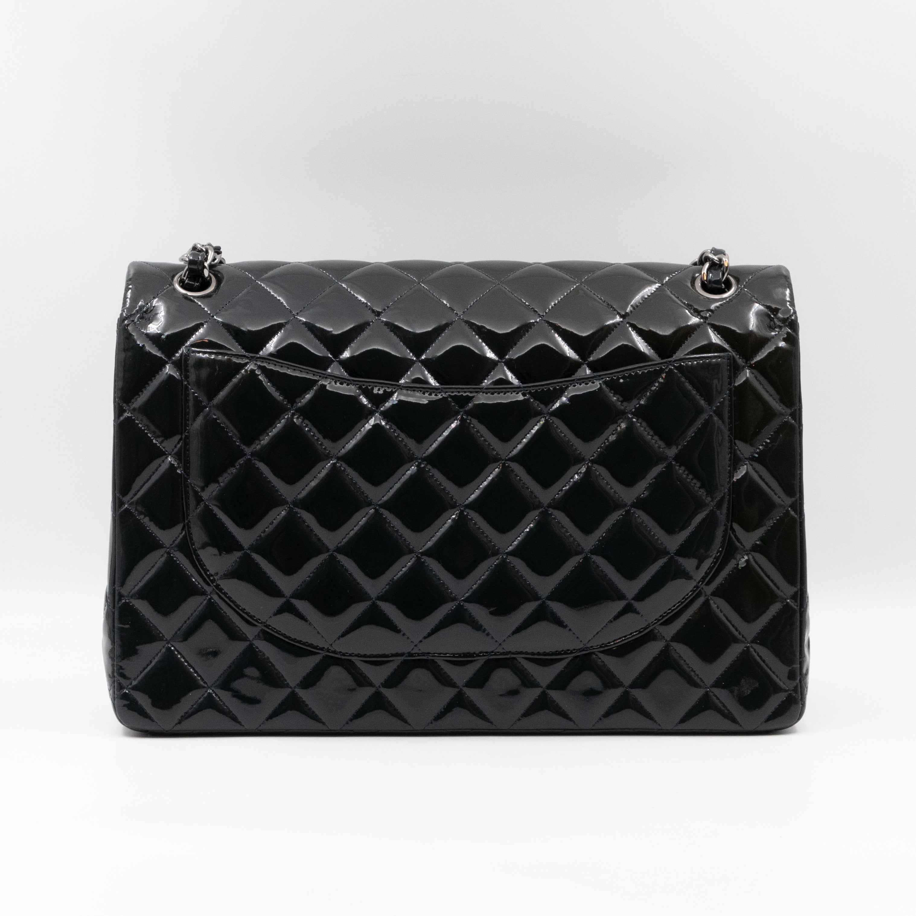 Classic Double Flap Maxi Navy Blue Patent Leather Silver