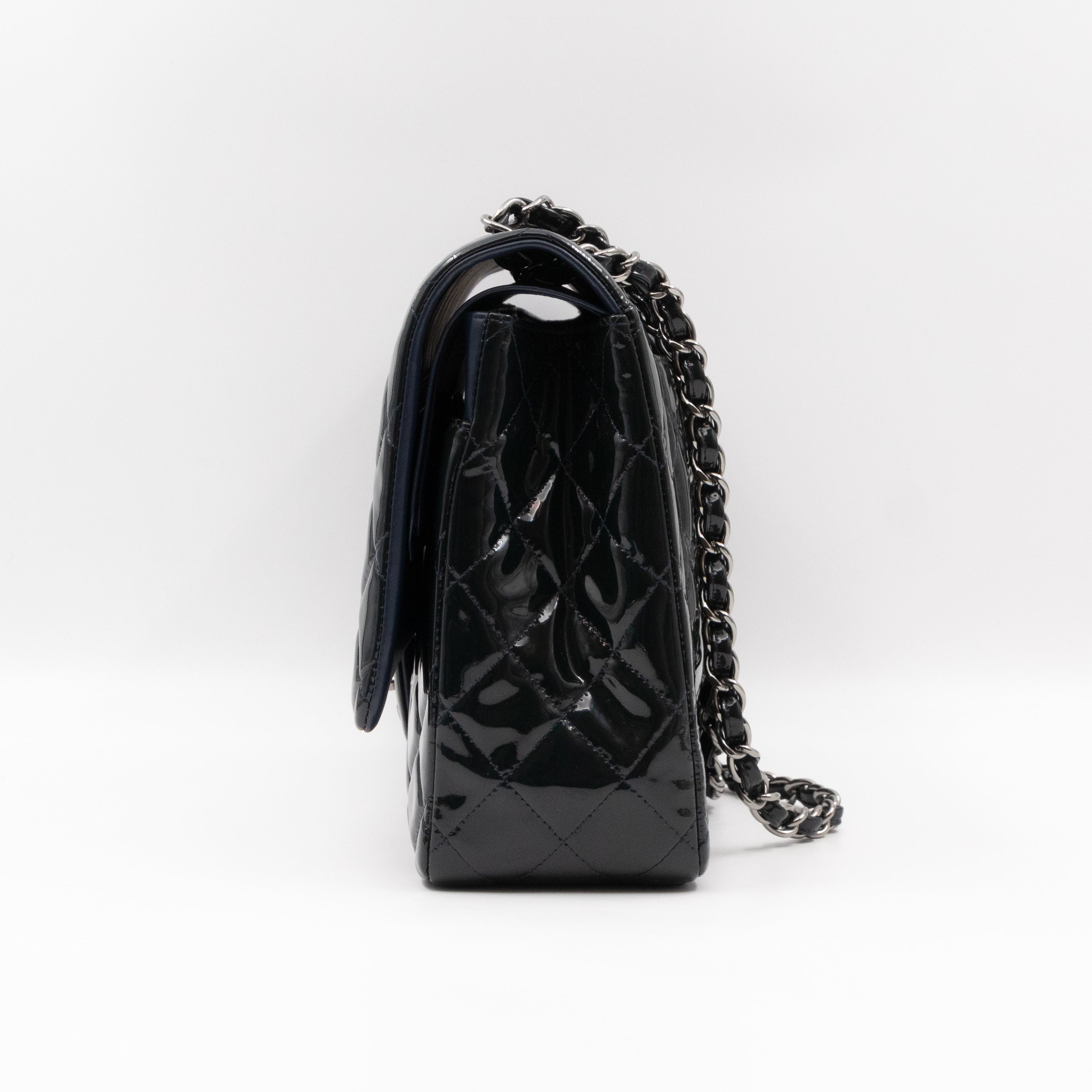 Classic Double Flap Maxi Navy Blue Patent Leather Silver