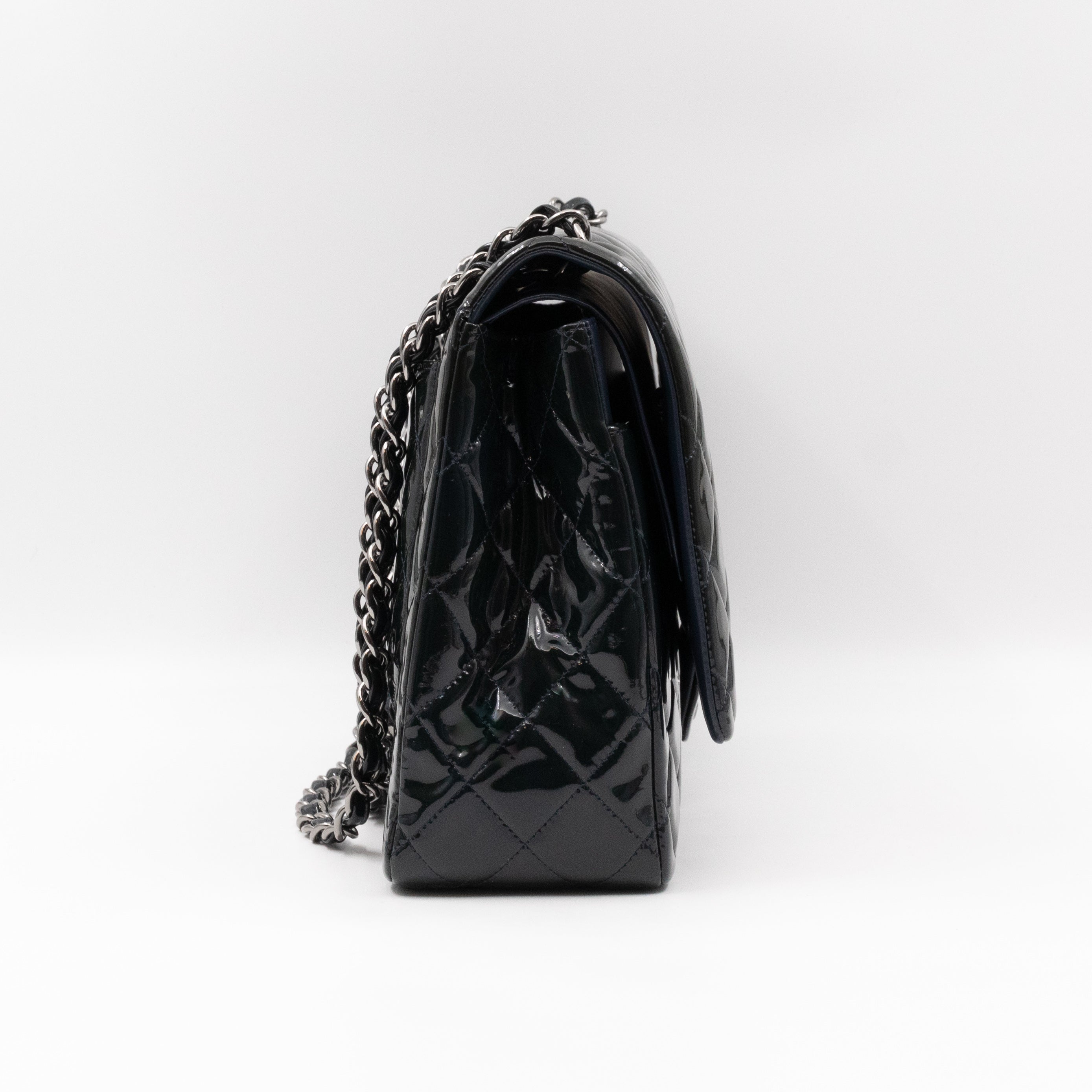 Classic Double Flap Maxi Navy Blue Patent Leather Silver