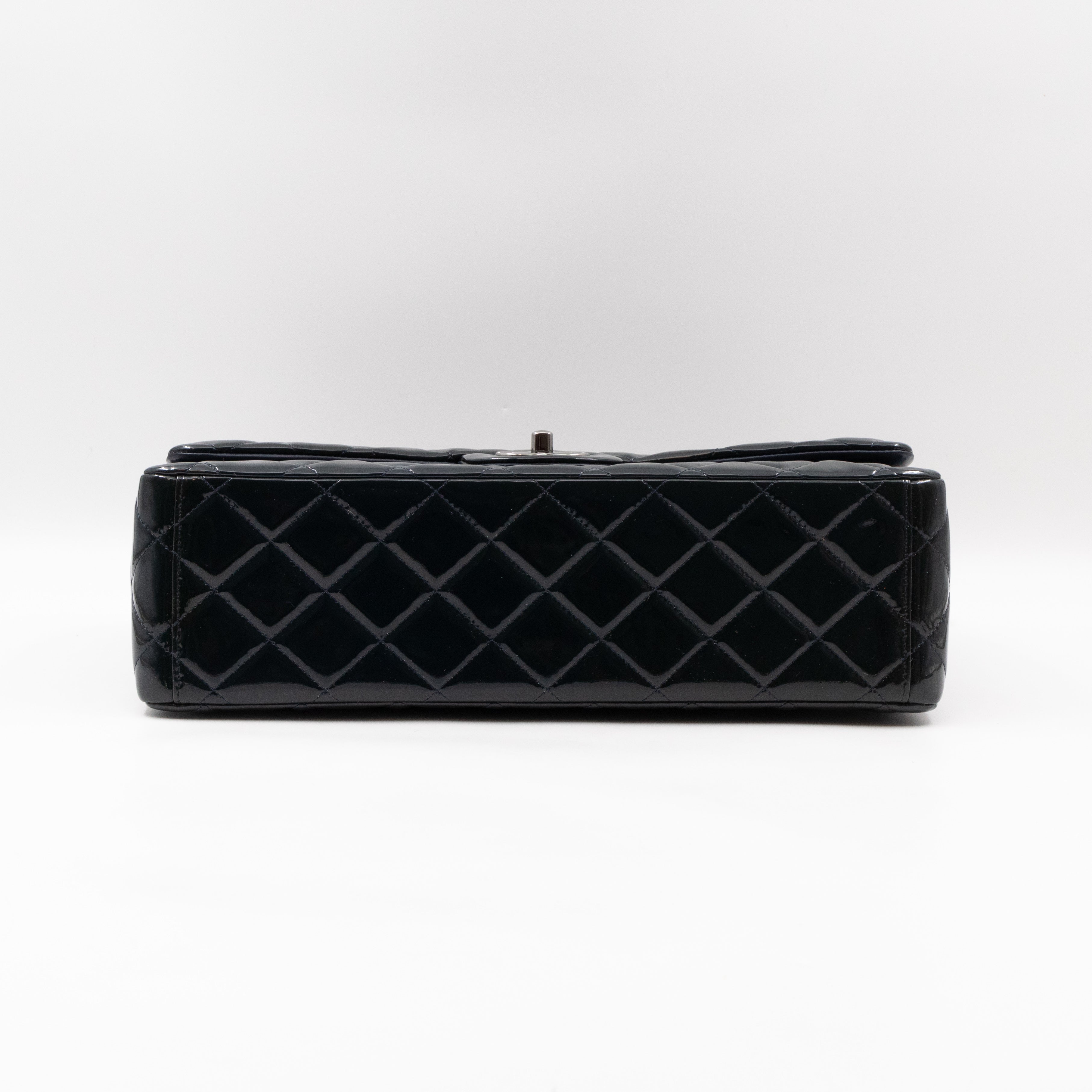 Classic Double Flap Maxi Navy Blue Patent Leather Silver