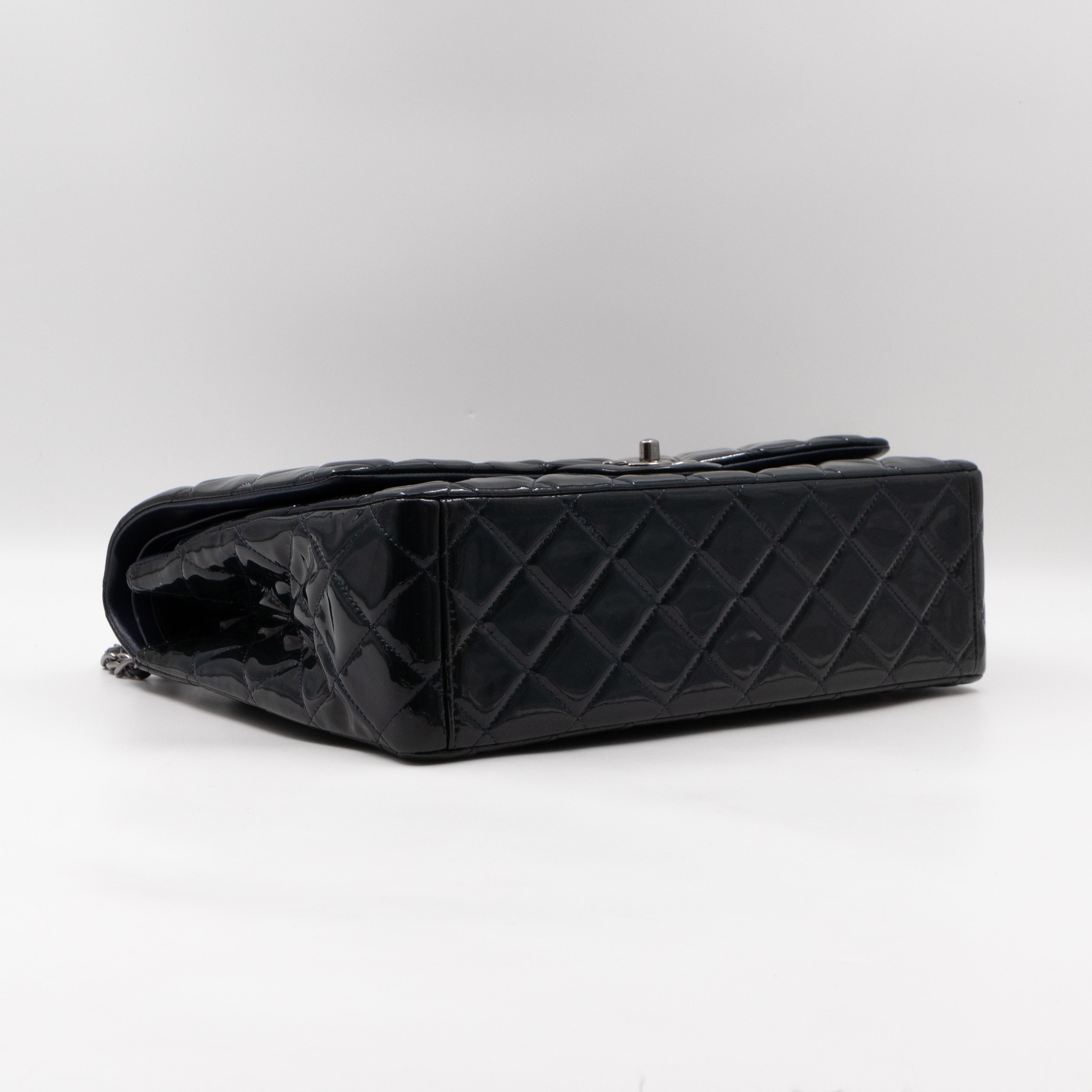 Classic Double Flap Maxi Navy Blue Patent Leather Silver