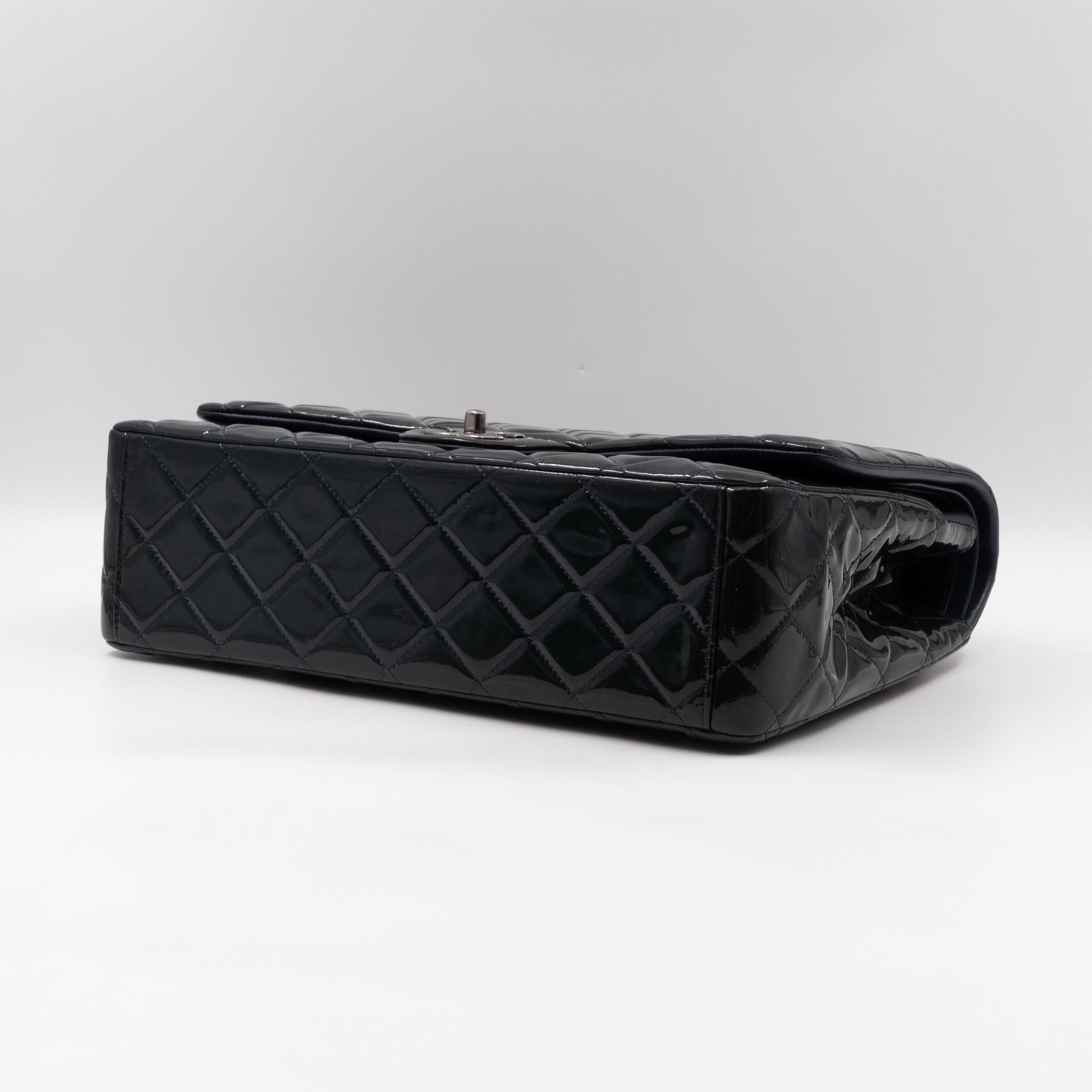 Classic Double Flap Maxi Navy Blue Patent Leather Silver