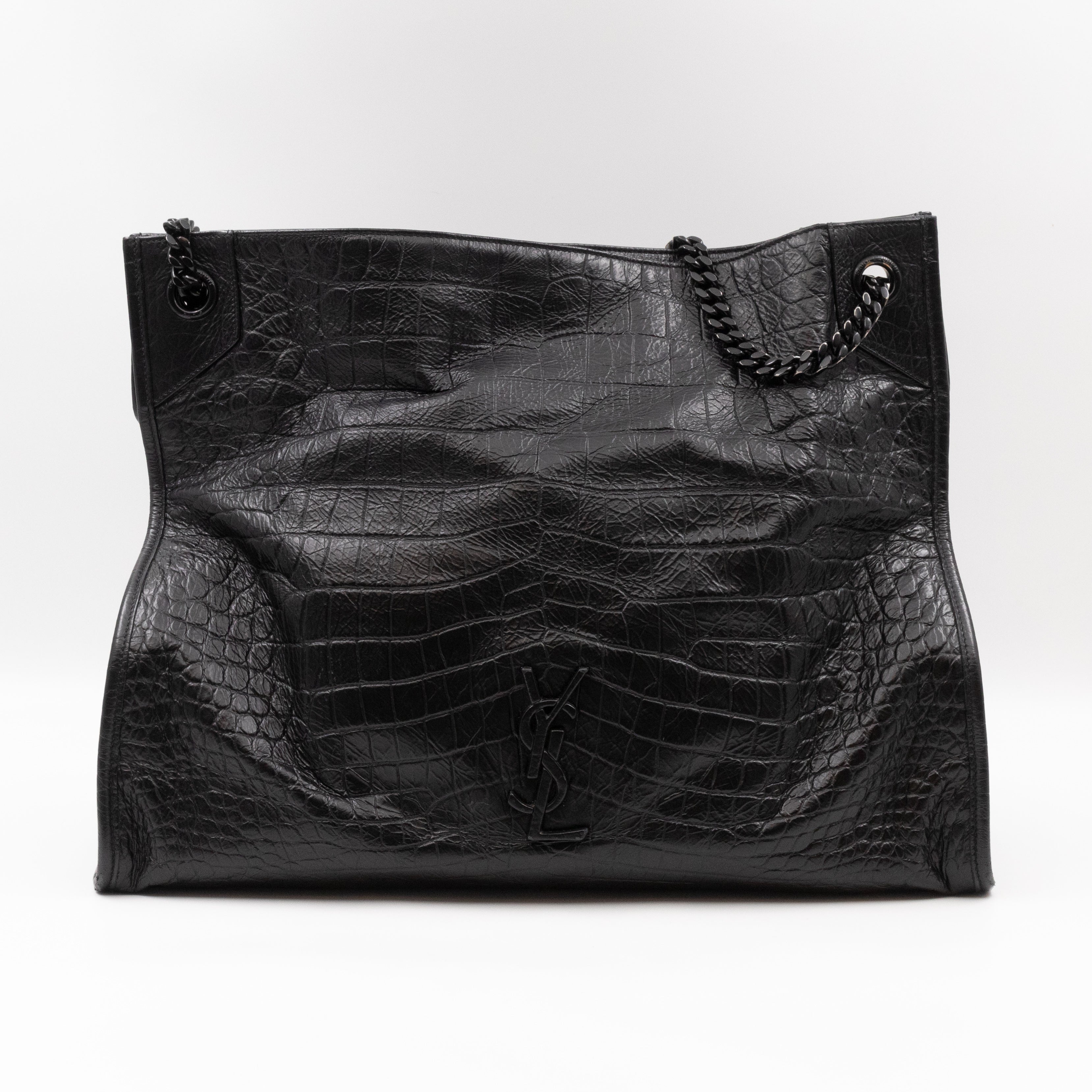 Niki Large Shopping Tote Black Croc Embossed Leather
