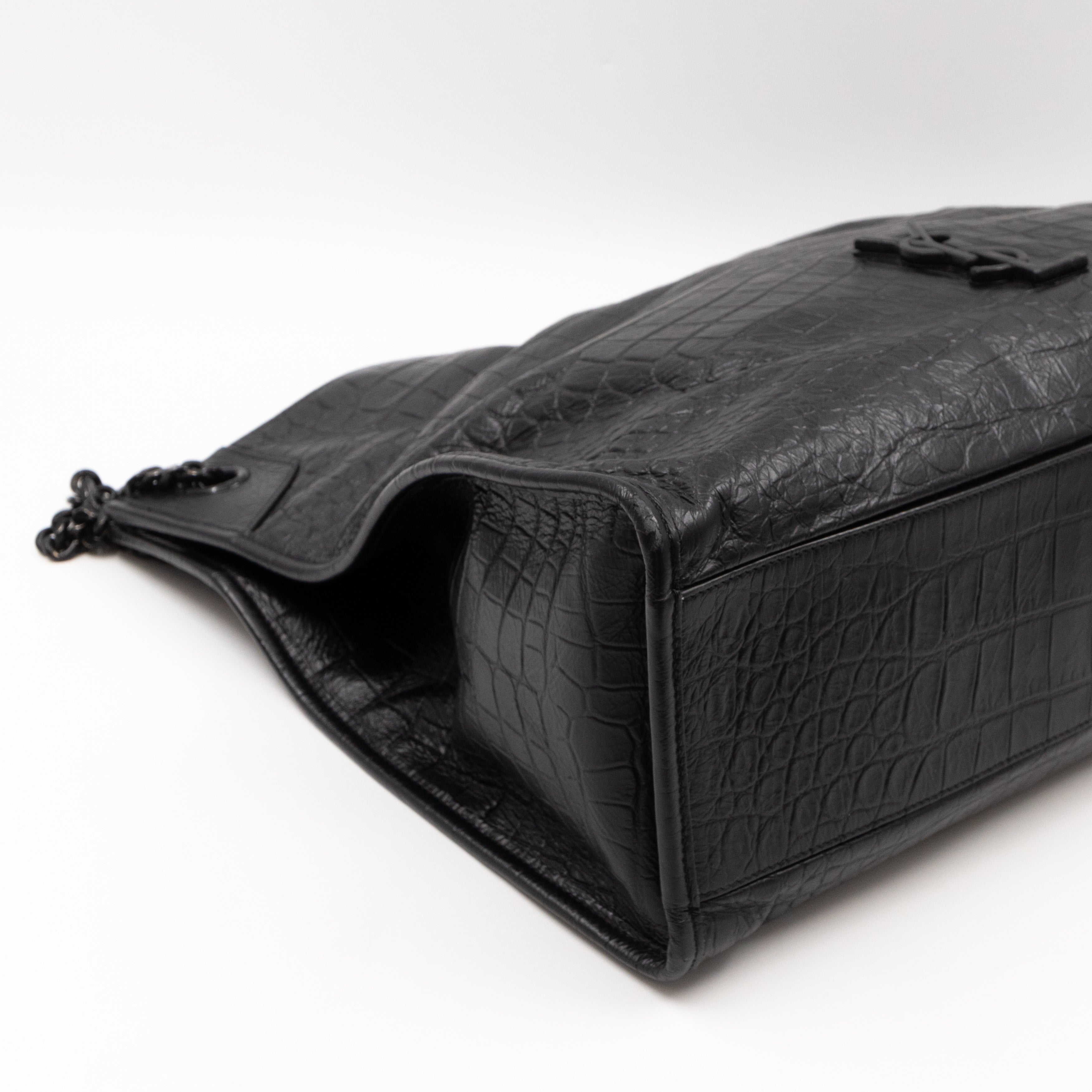 Niki Large Shopping Tote Black Croc Embossed Leather