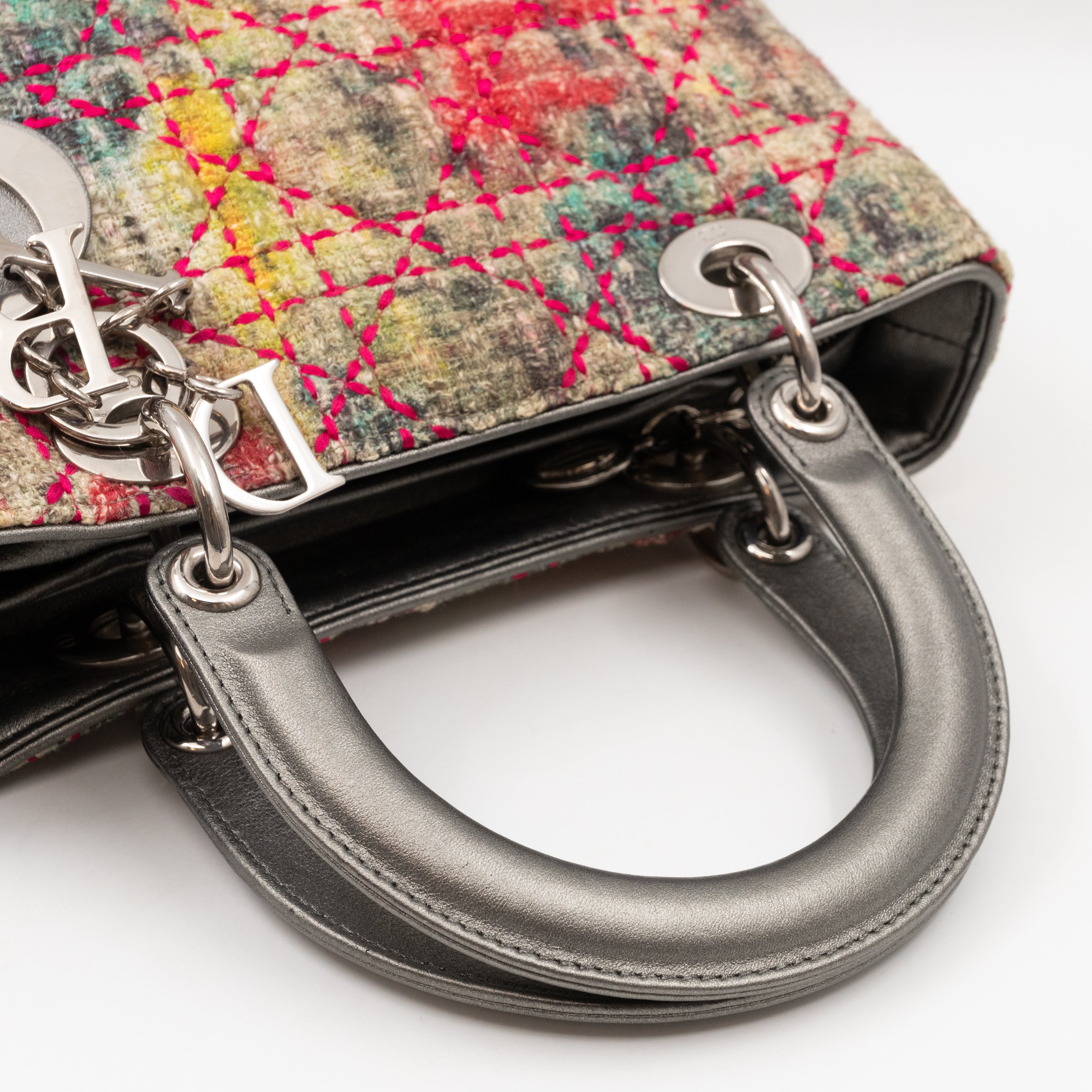 Lady Dior Medium Multicolor Tweed Silver Metallic Leather