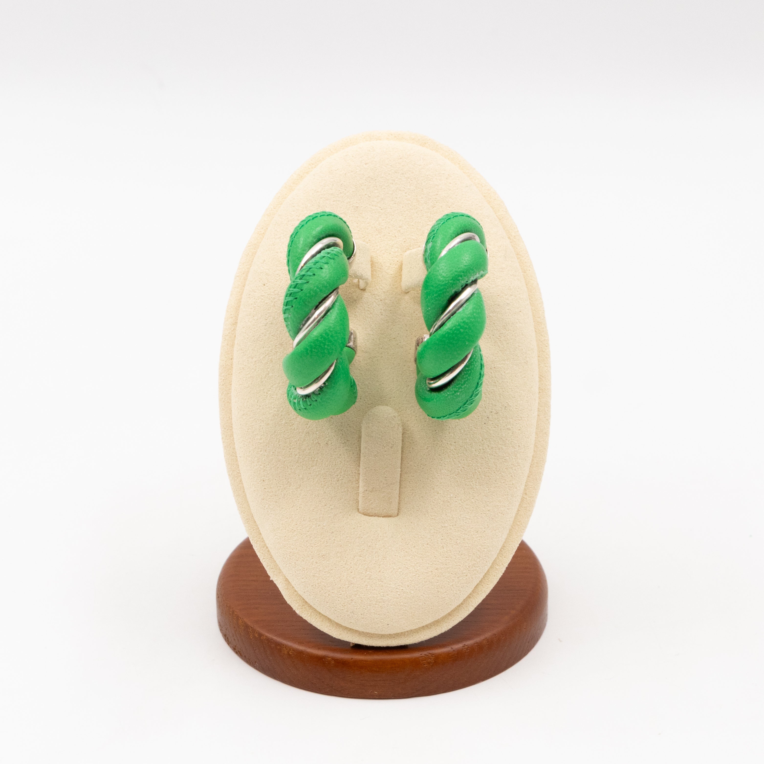Twist Earrings Green Leather Silver