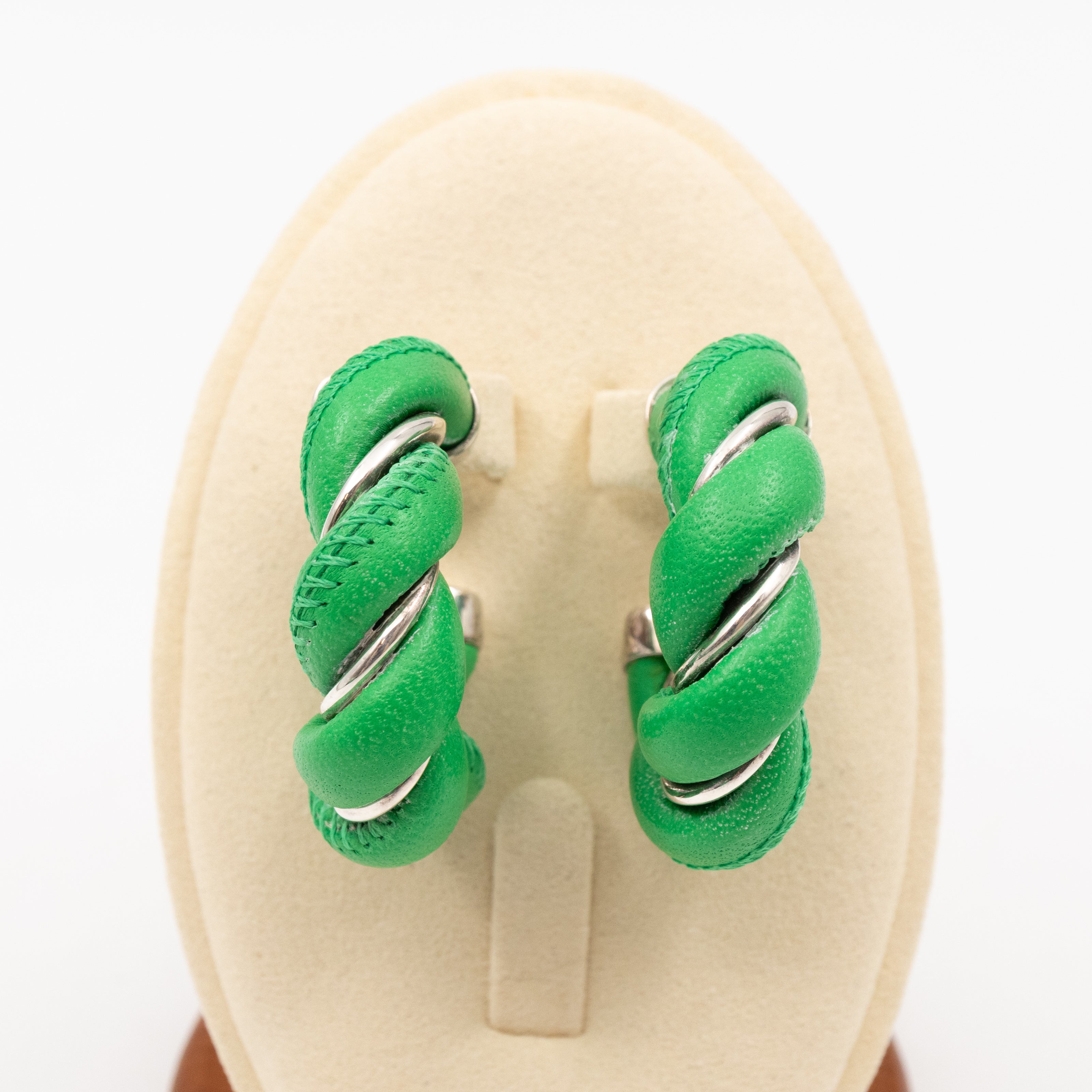 Twist Earrings Green Leather Silver