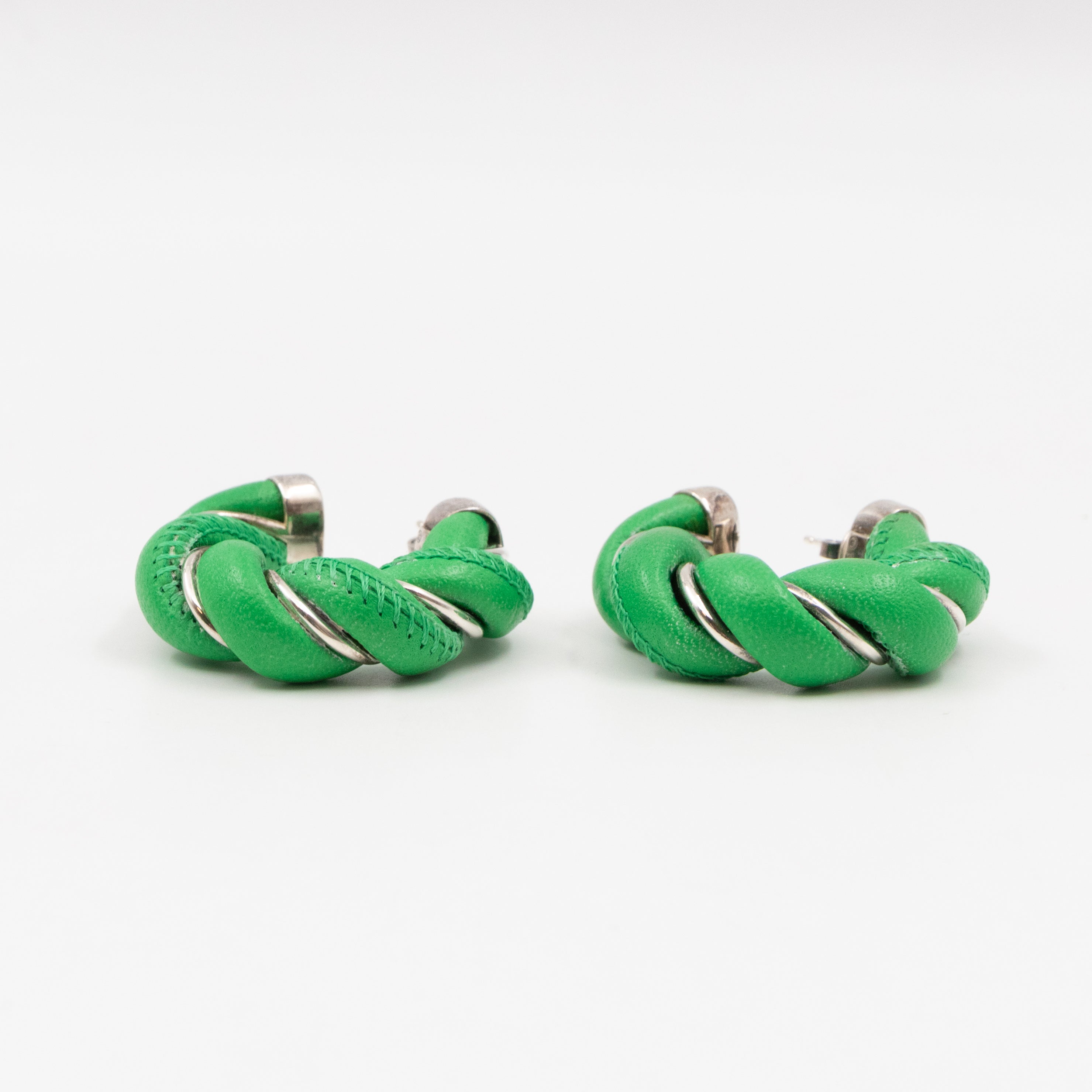 Twist Earrings Green Leather Silver