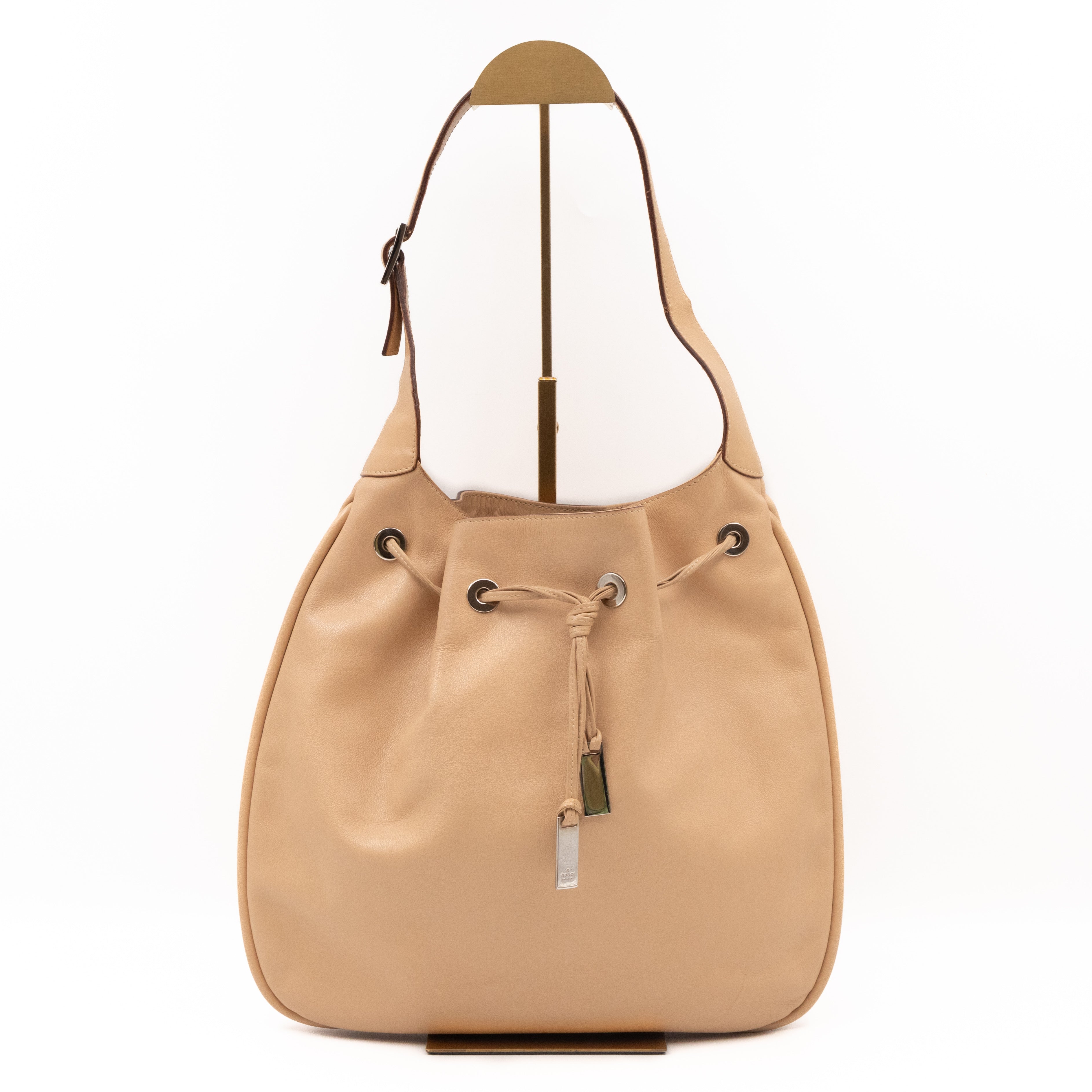 Vintage Drawstring Hobo Bag Beige Leather