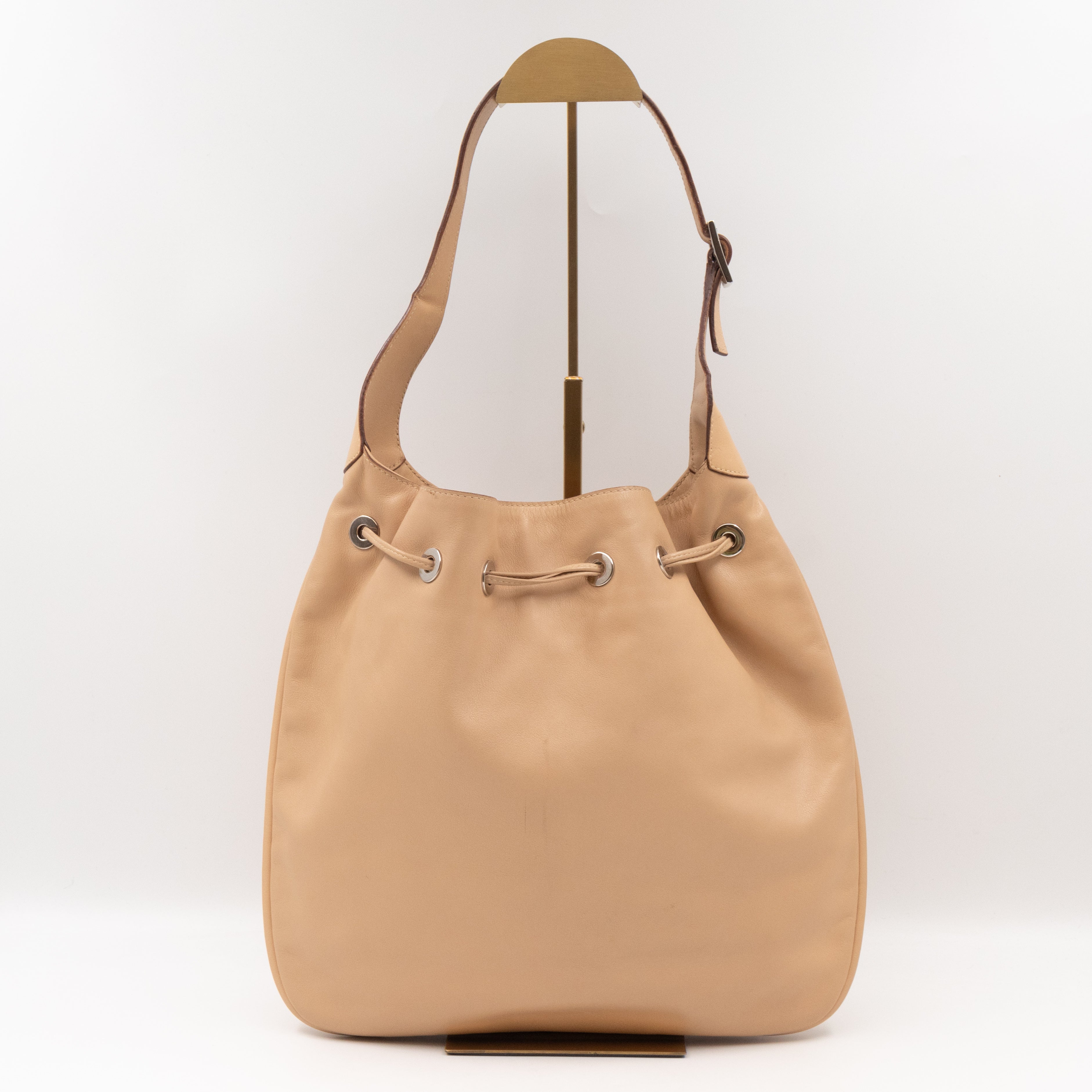 Vintage Drawstring Hobo Bag Beige Leather