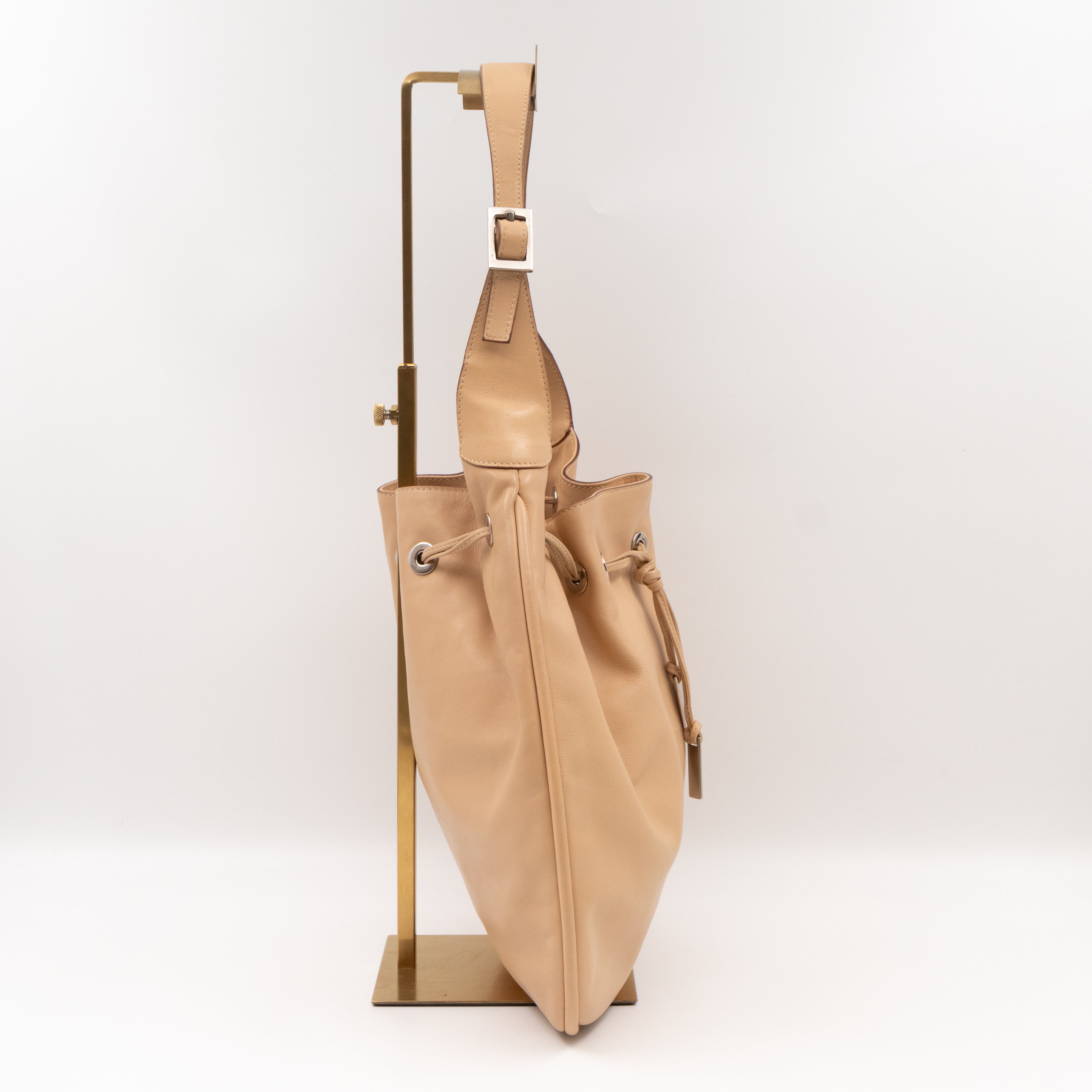 Vintage Drawstring Hobo Bag Beige Leather