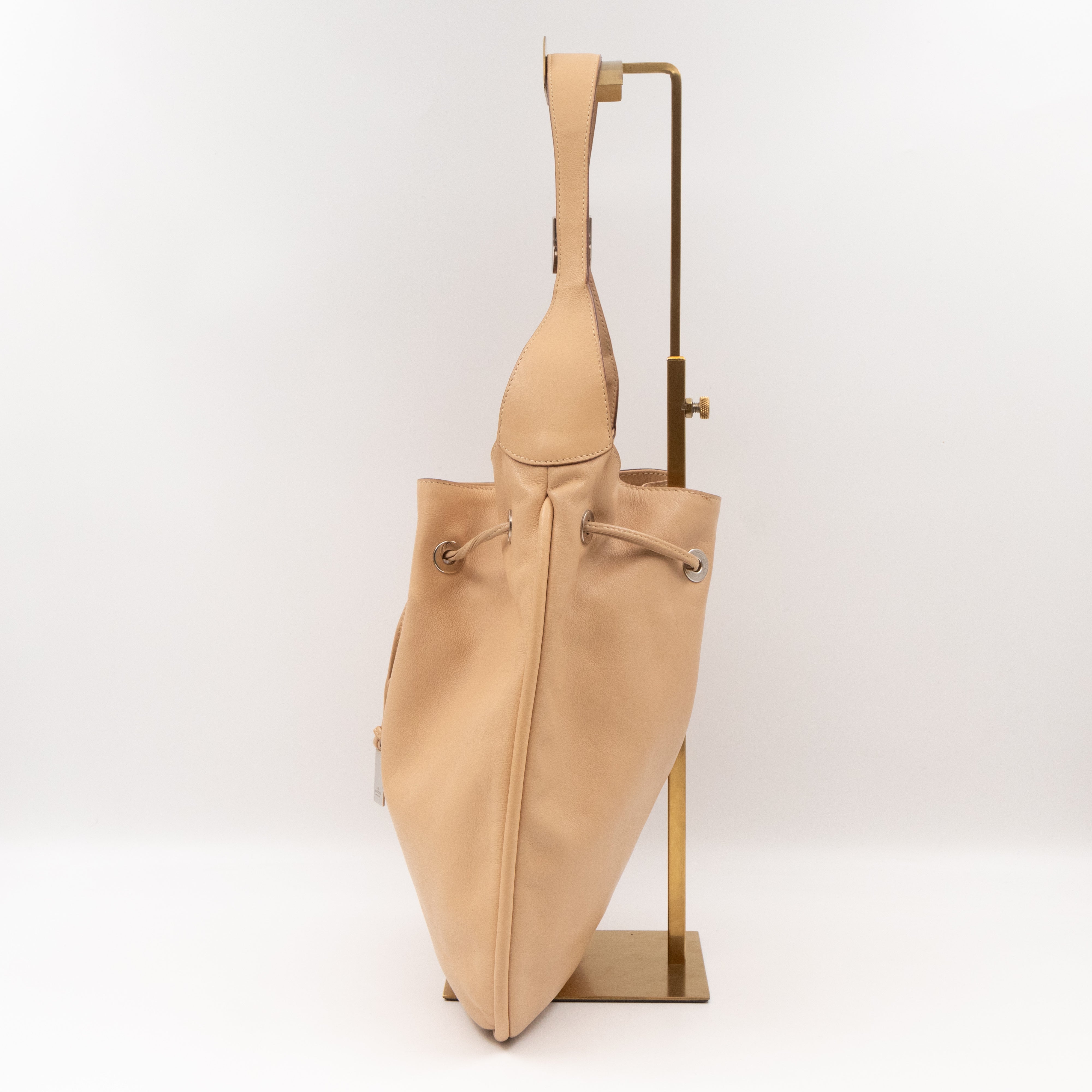 Vintage Drawstring Hobo Bag Beige Leather