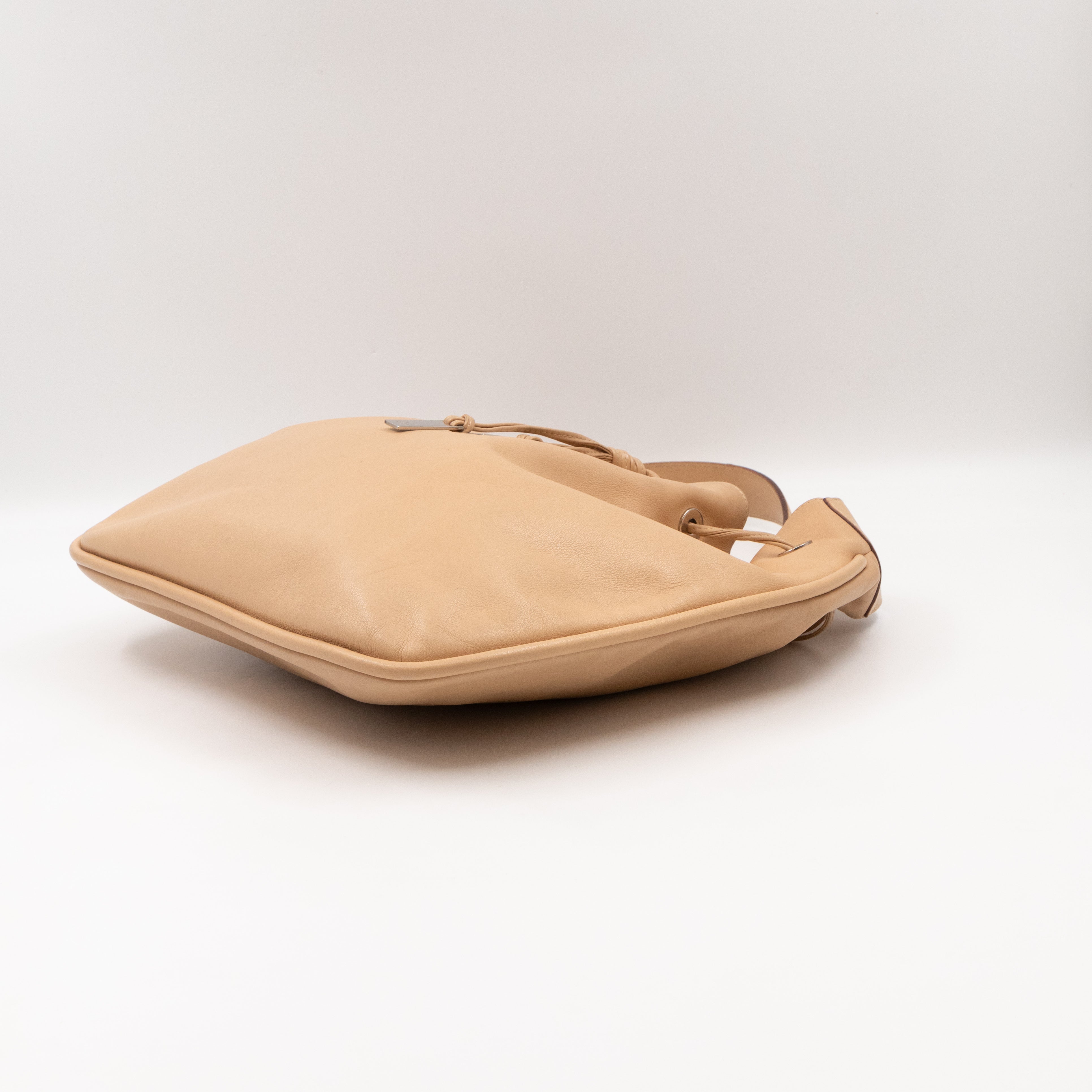 Vintage Drawstring Hobo Bag Beige Leather