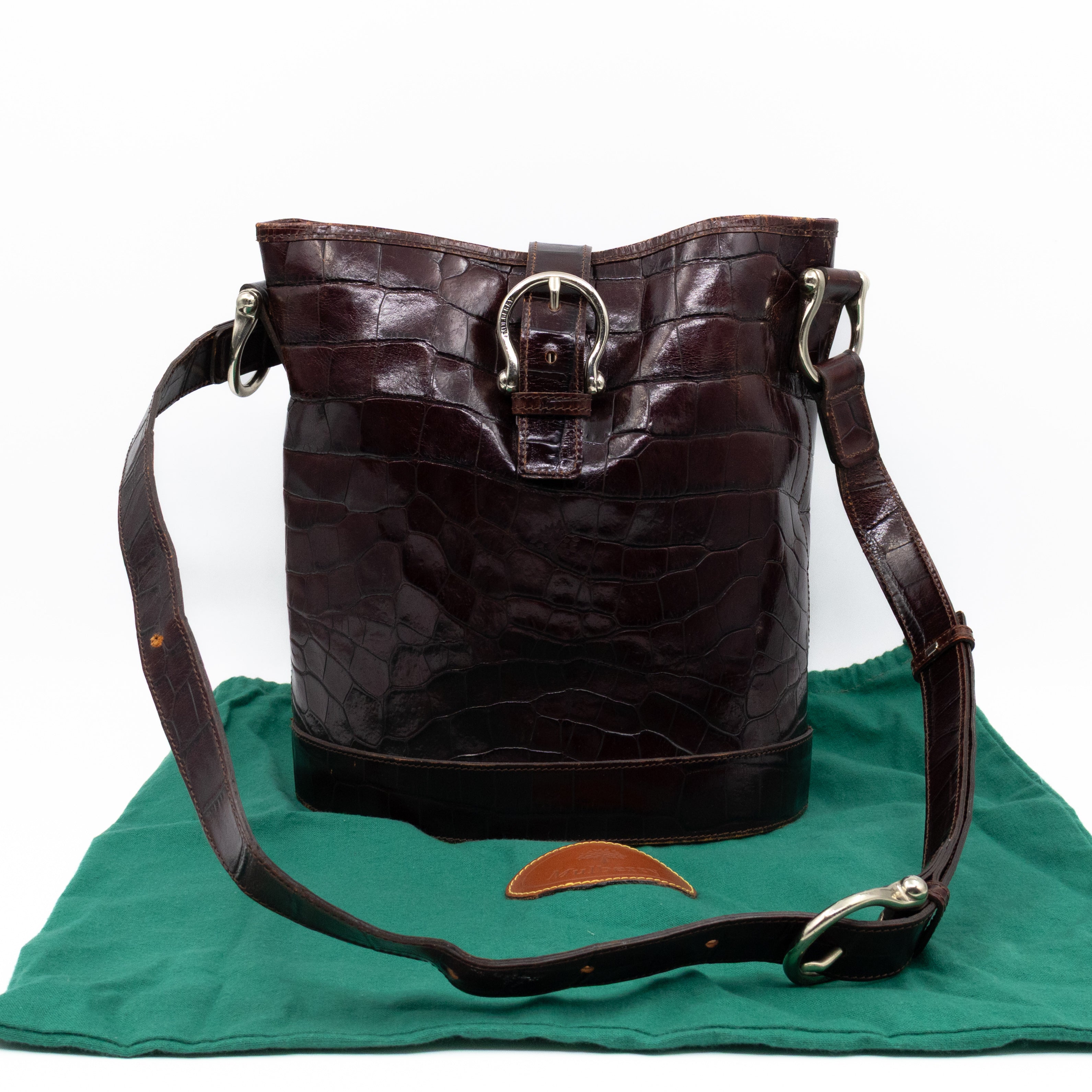 Bucket Crossbody Bag Burgundy Croc Embossed Leather