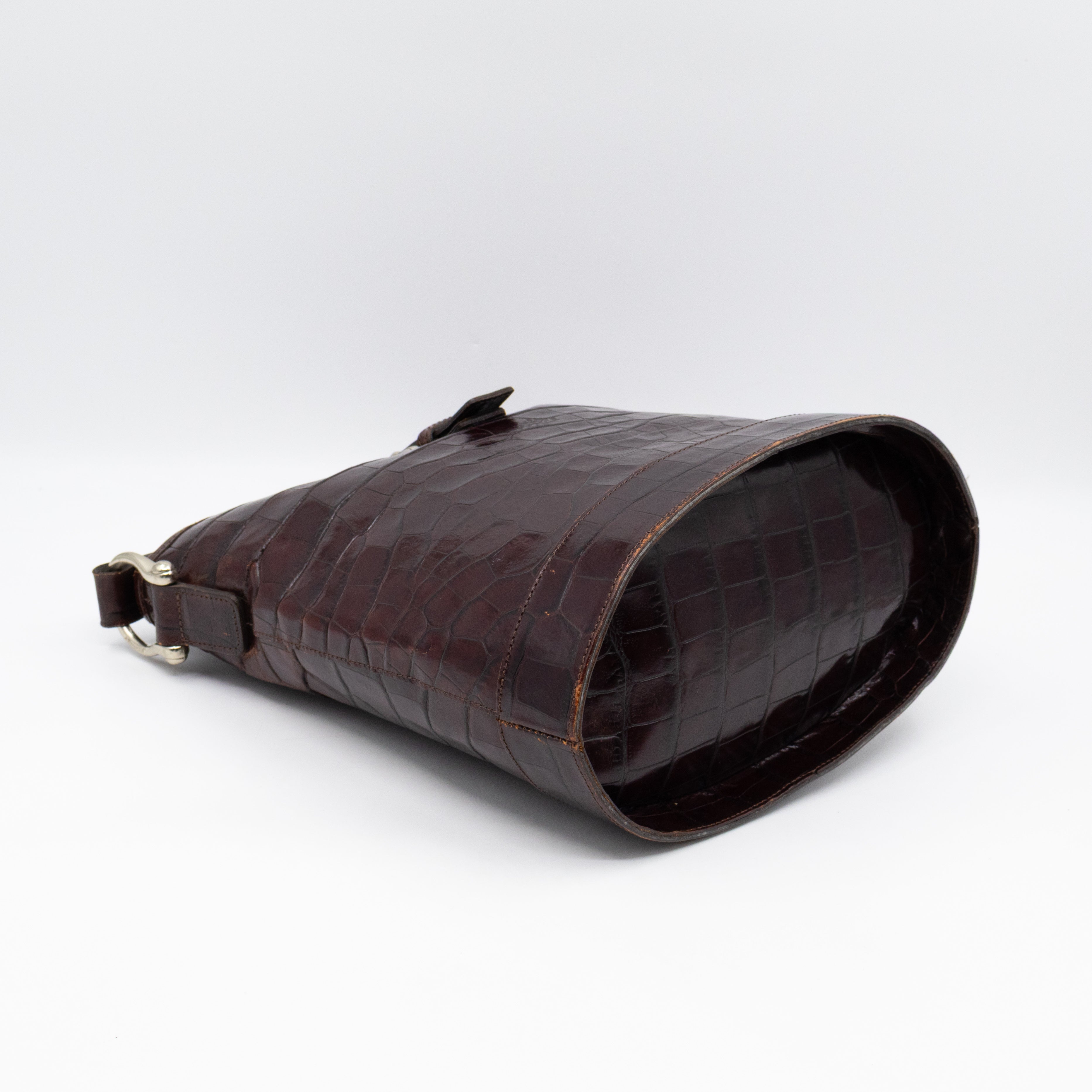 Bucket Crossbody Bag Burgundy Croc Embossed Leather