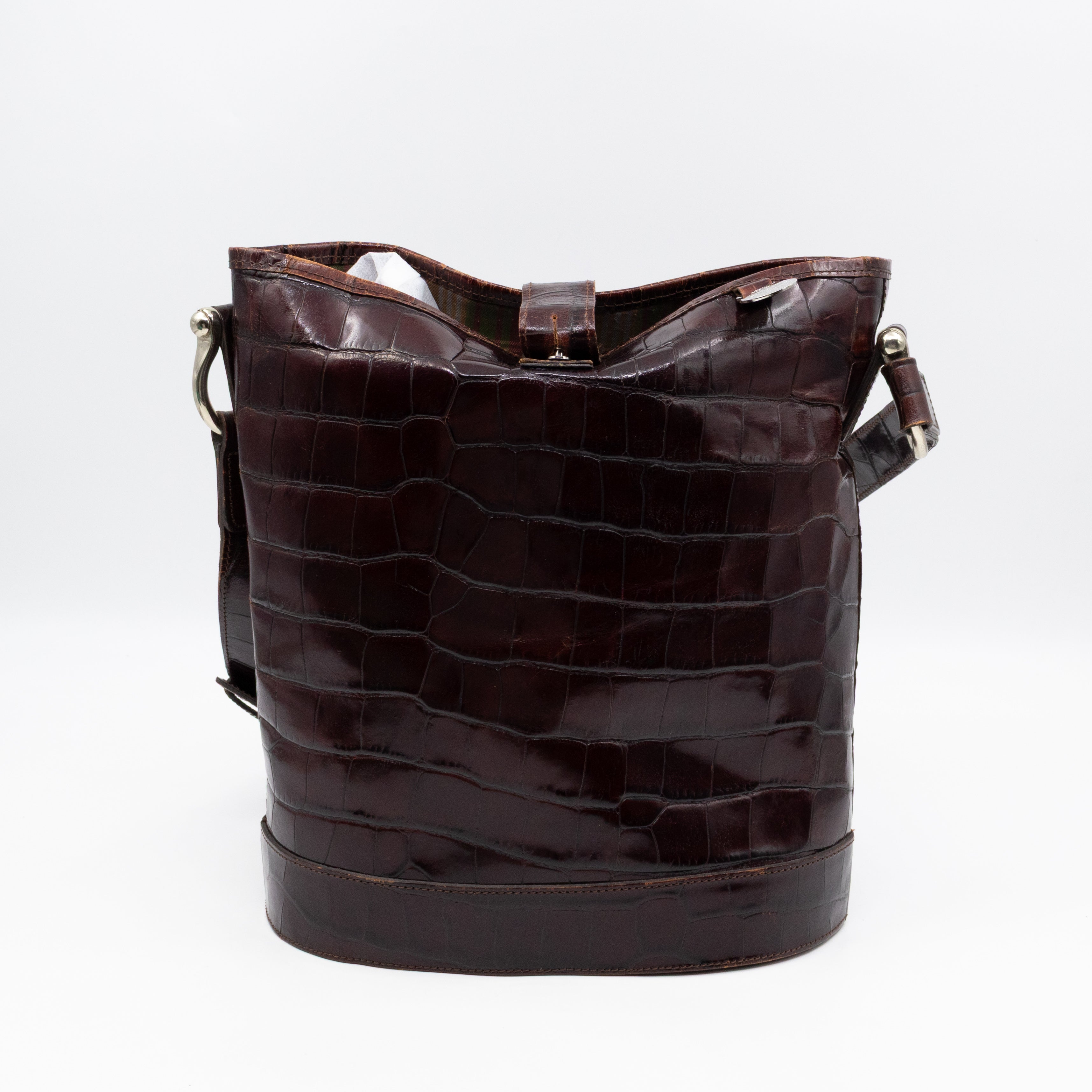 Bucket Crossbody Bag Burgundy Croc Embossed Leather
