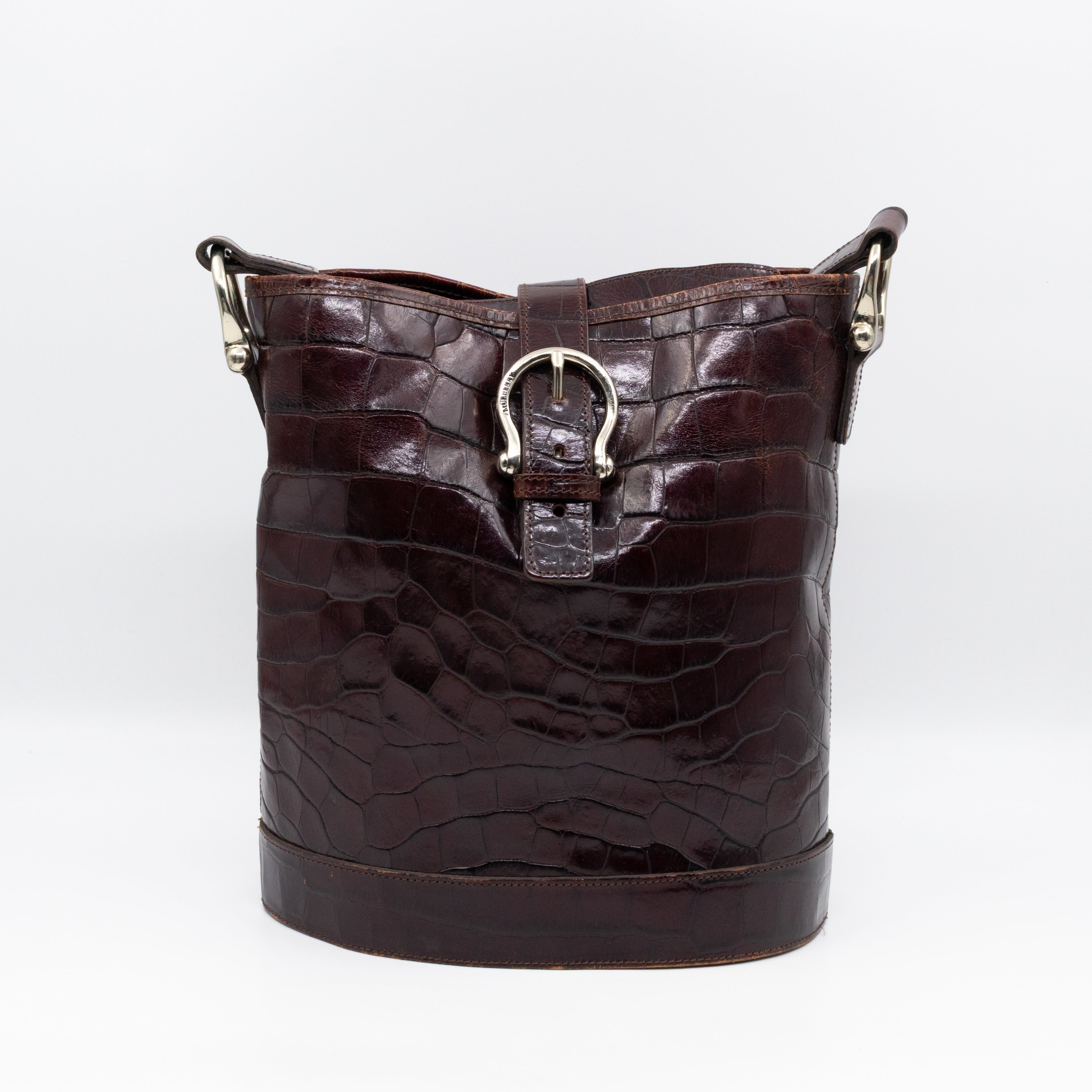 Bucket Crossbody Bag Burgundy Croc Embossed Leather