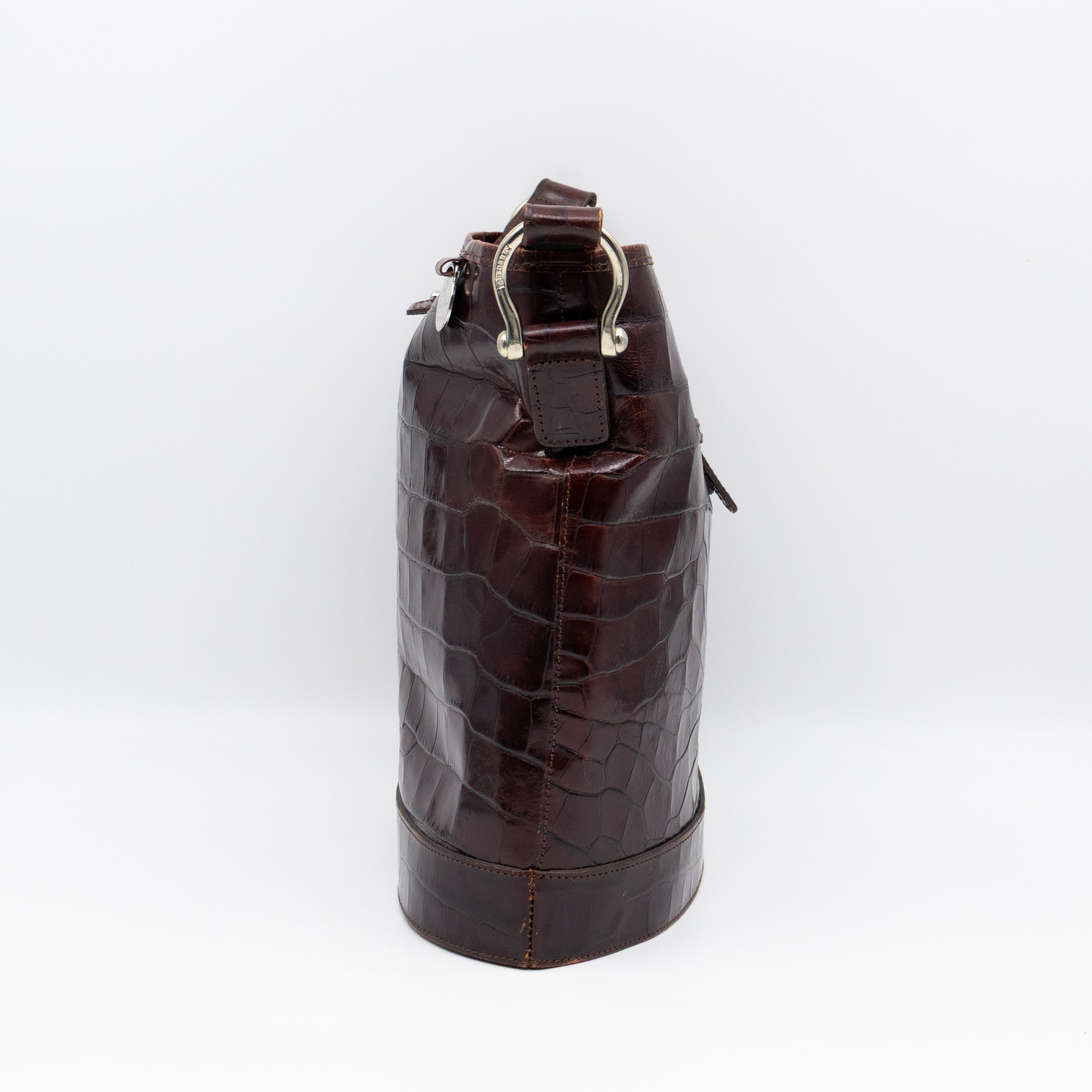 Bucket Crossbody Bag Burgundy Croc Embossed Leather
