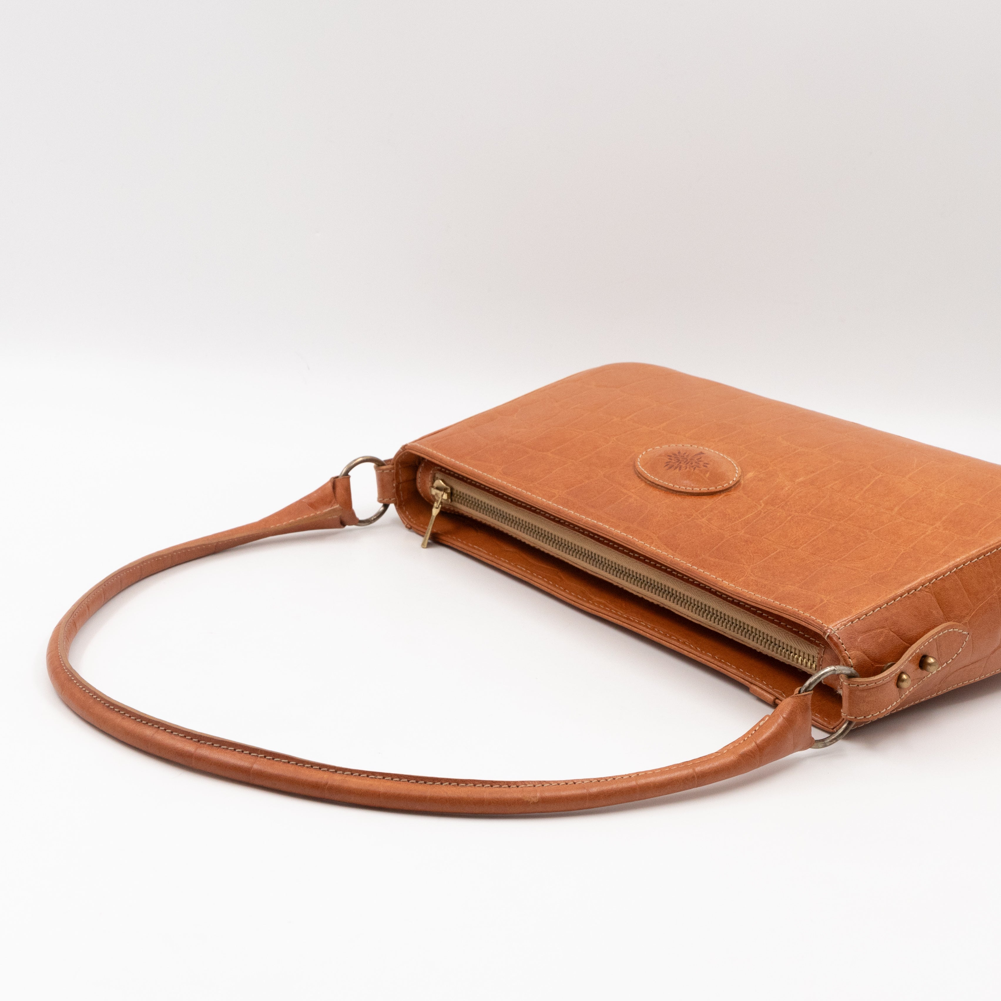 Shoulder Bag Light Brown Croc Embossed Leather