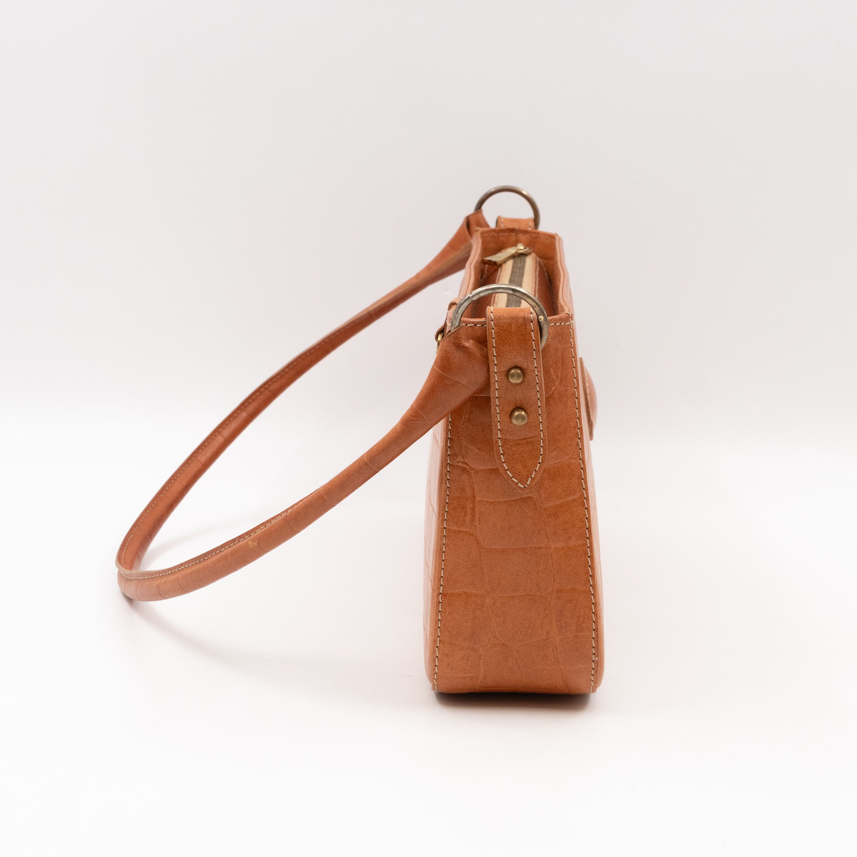 Shoulder Bag Light Brown Croc Embossed Leather