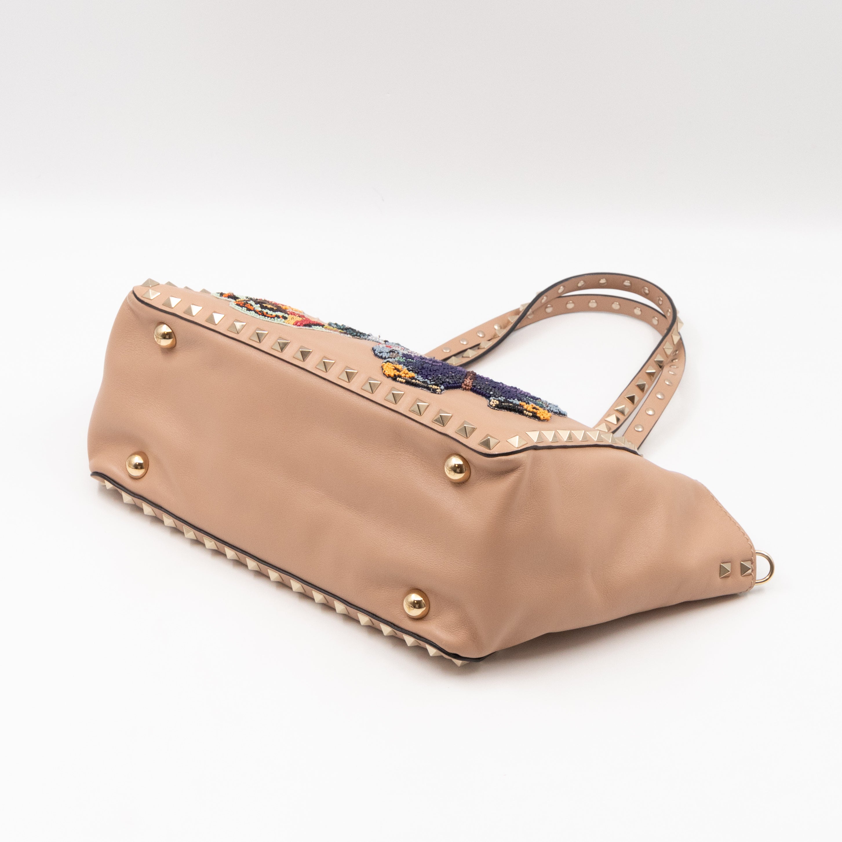 Rockstud Trapeze Tote Camel Rose Butterfly Embroidered Beaded Leather