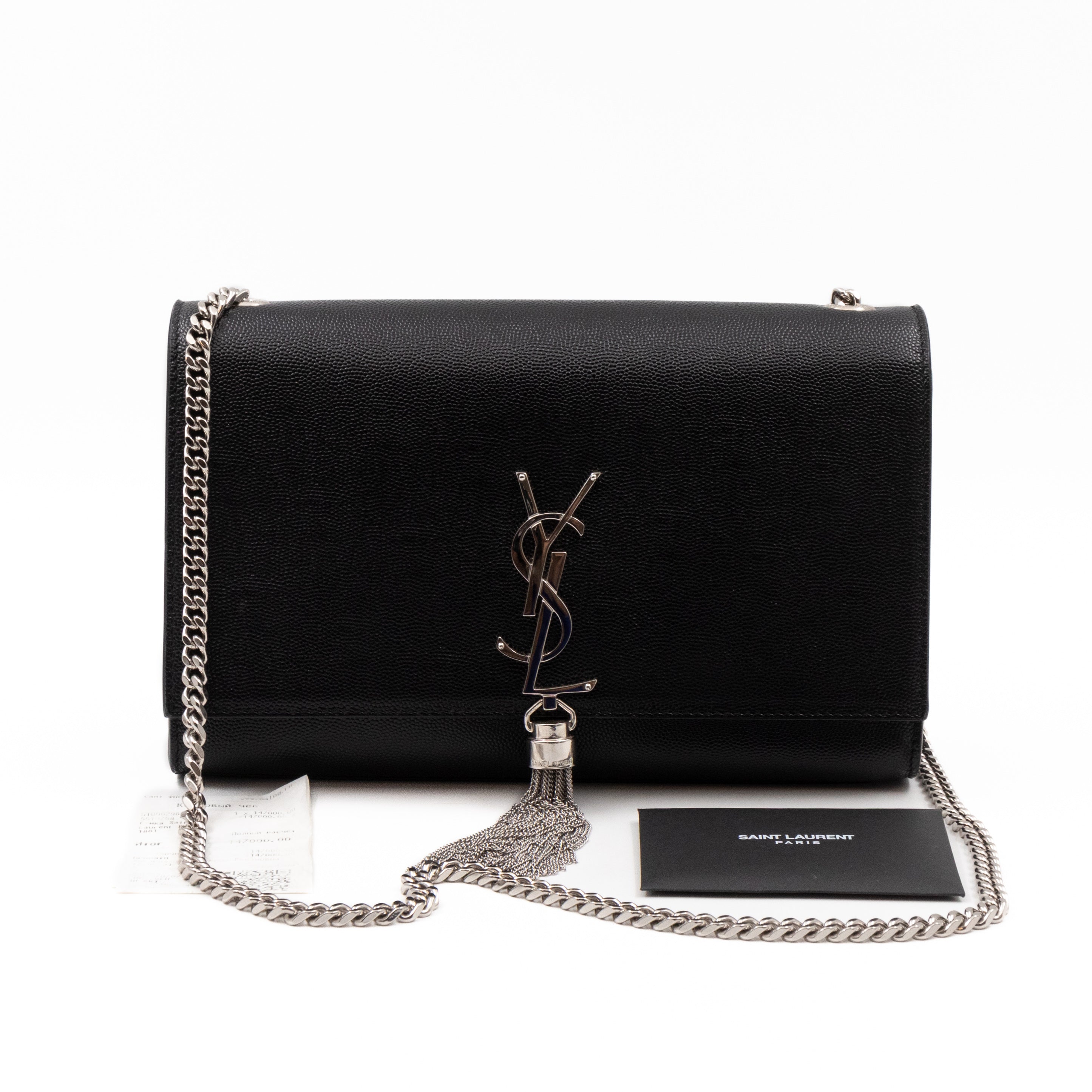 Kate Medium Tassel Black Grained Leather Silver