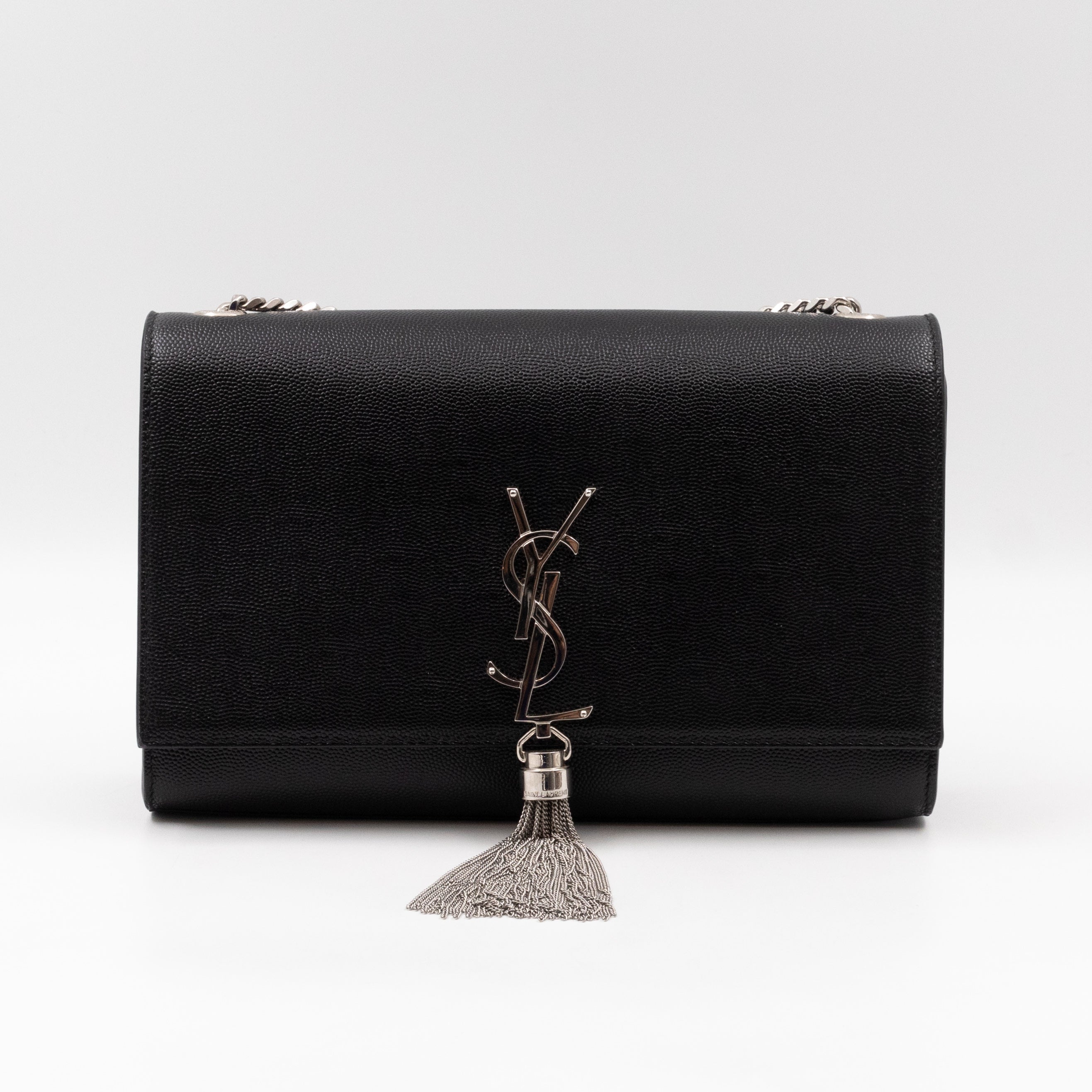 Kate Medium Tassel Black Grained Leather Silver