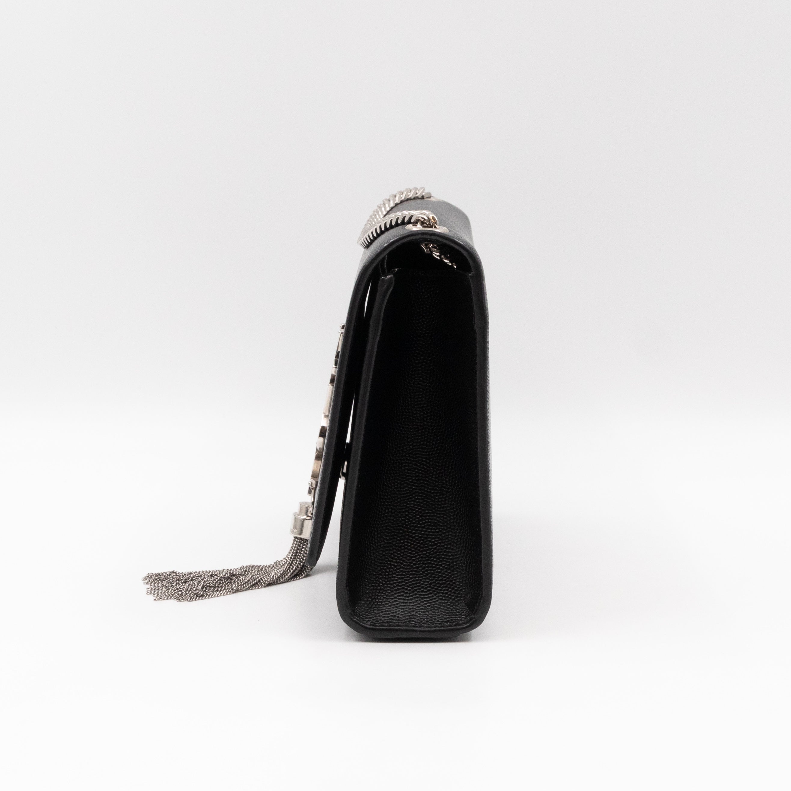Kate Medium Tassel Black Grained Leather Silver