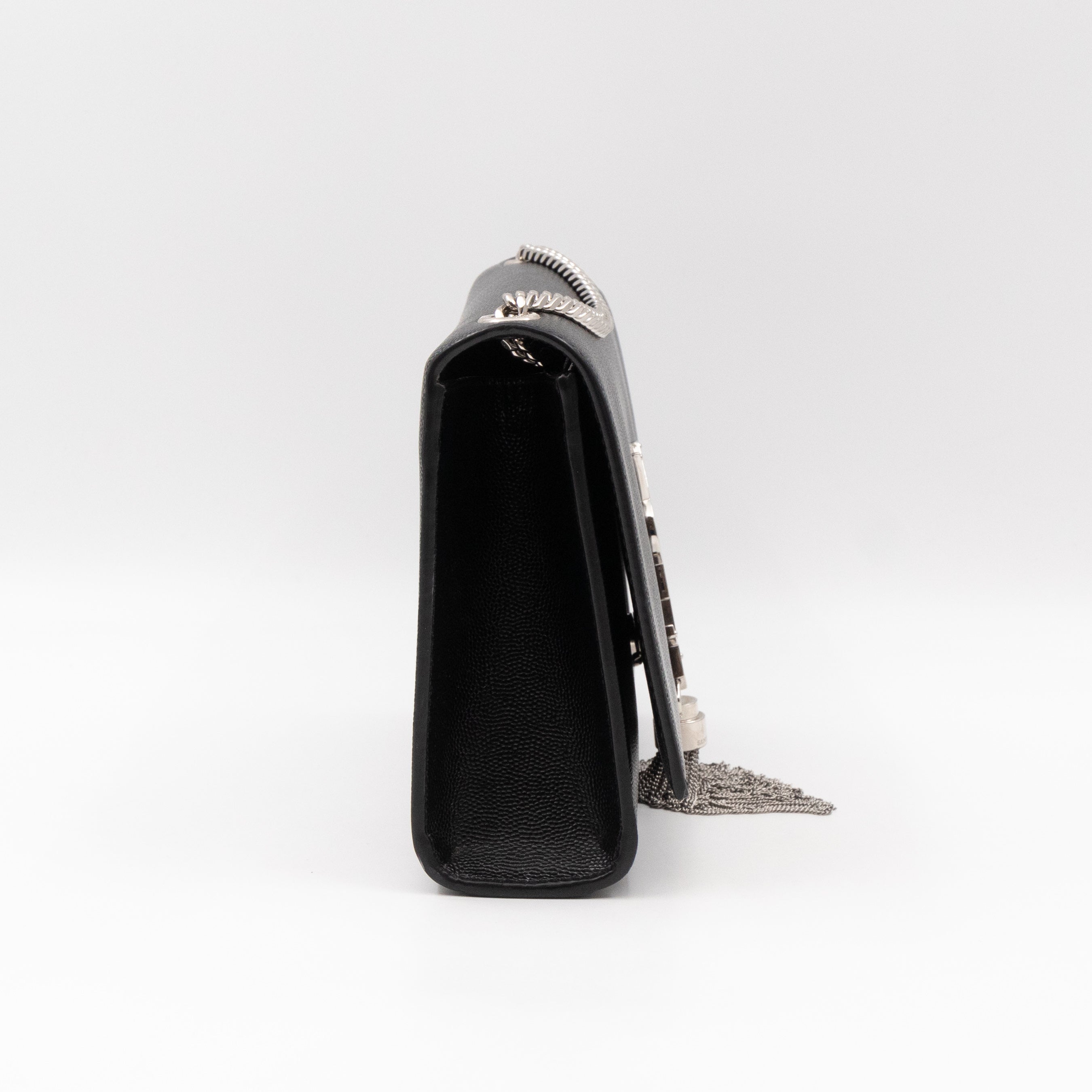 Kate Medium Tassel Black Grained Leather Silver