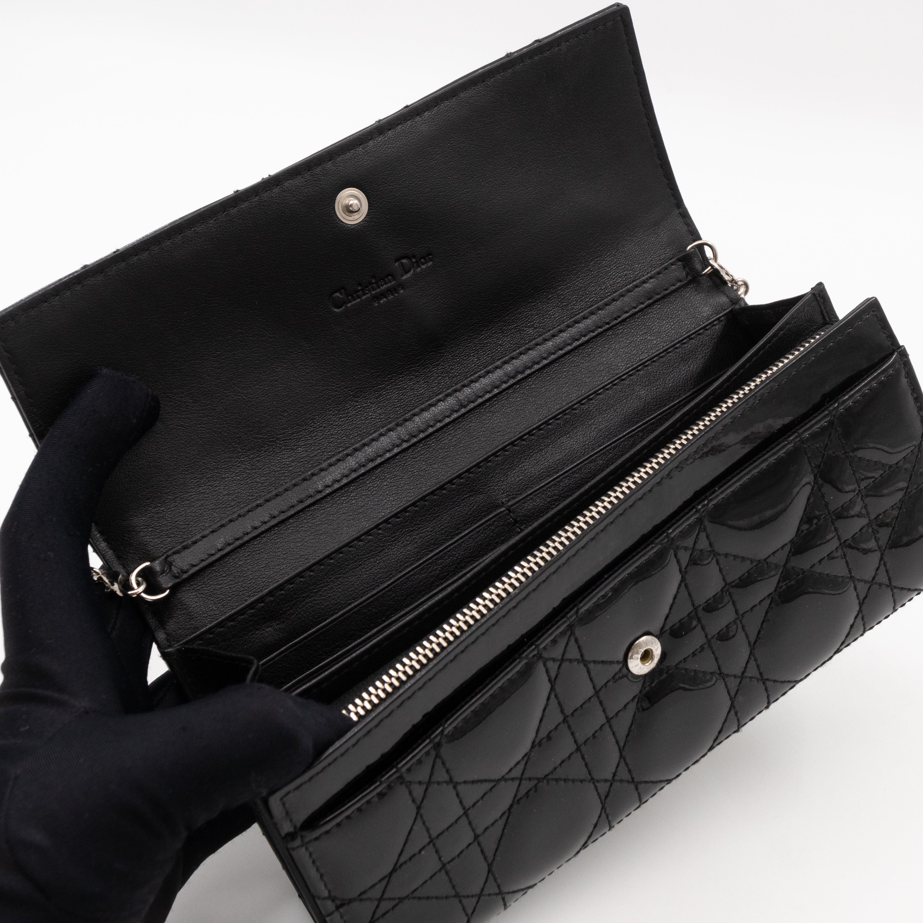Lady Dior Clutch with Chain Black Patent Leather