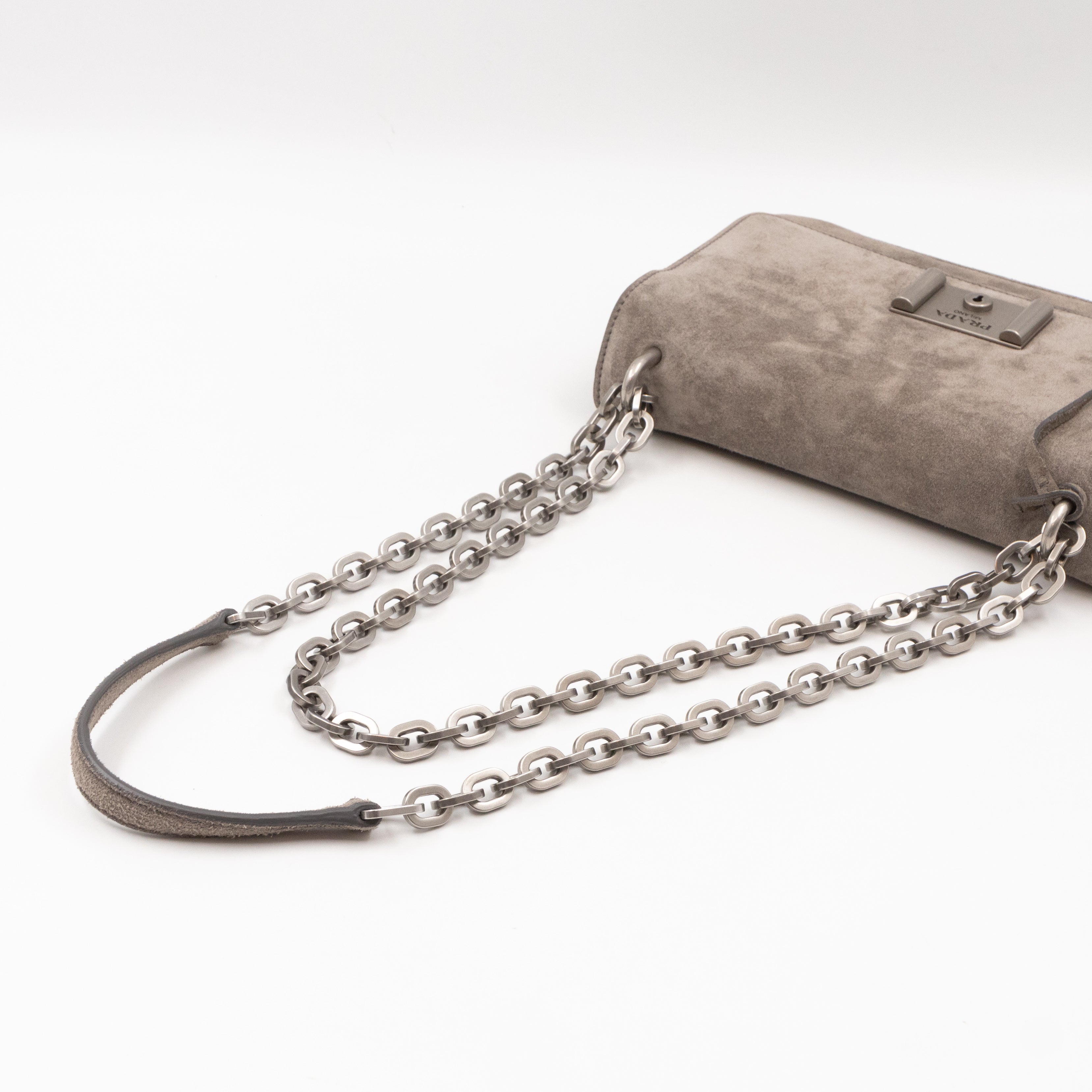 Chain Flap Shoulder Bag Grey Suede